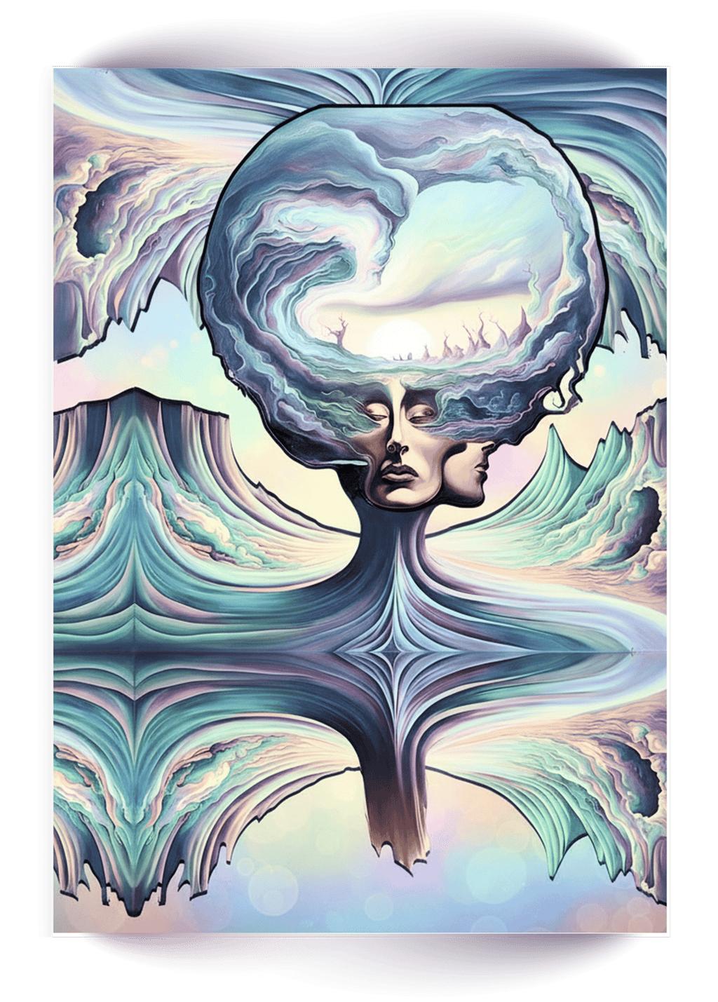 Surreal digital art featuring a double-faced head merging into swirling pastel cloud coloring pagon.