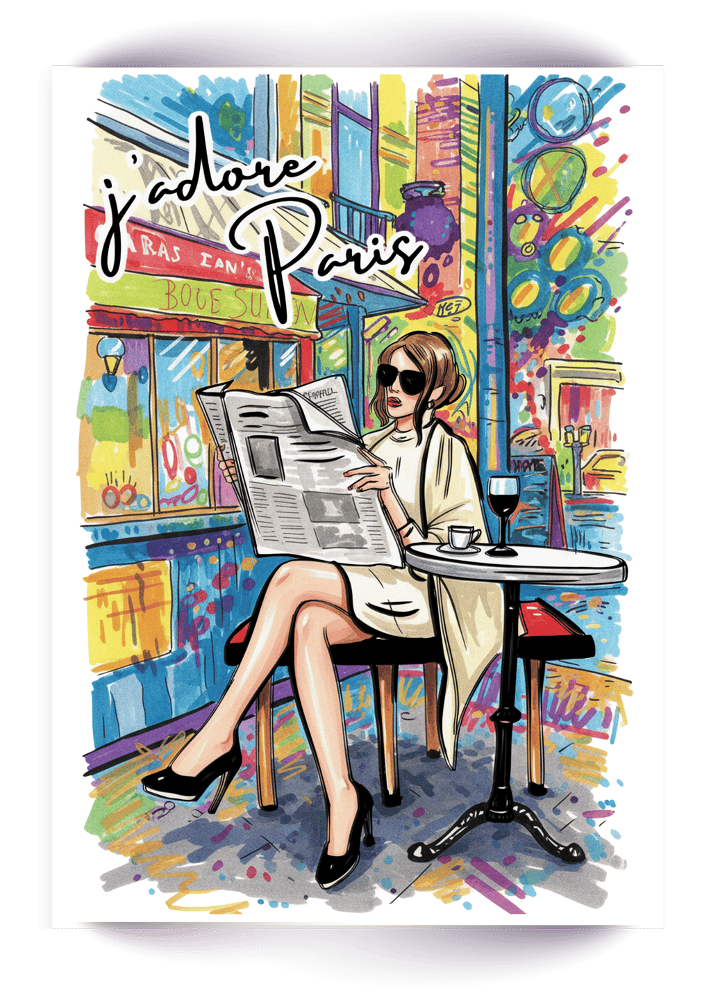 Fashion illustration of a woman reading a newspaper at a Parisian sidewalk cafe with J'adore Paris text.