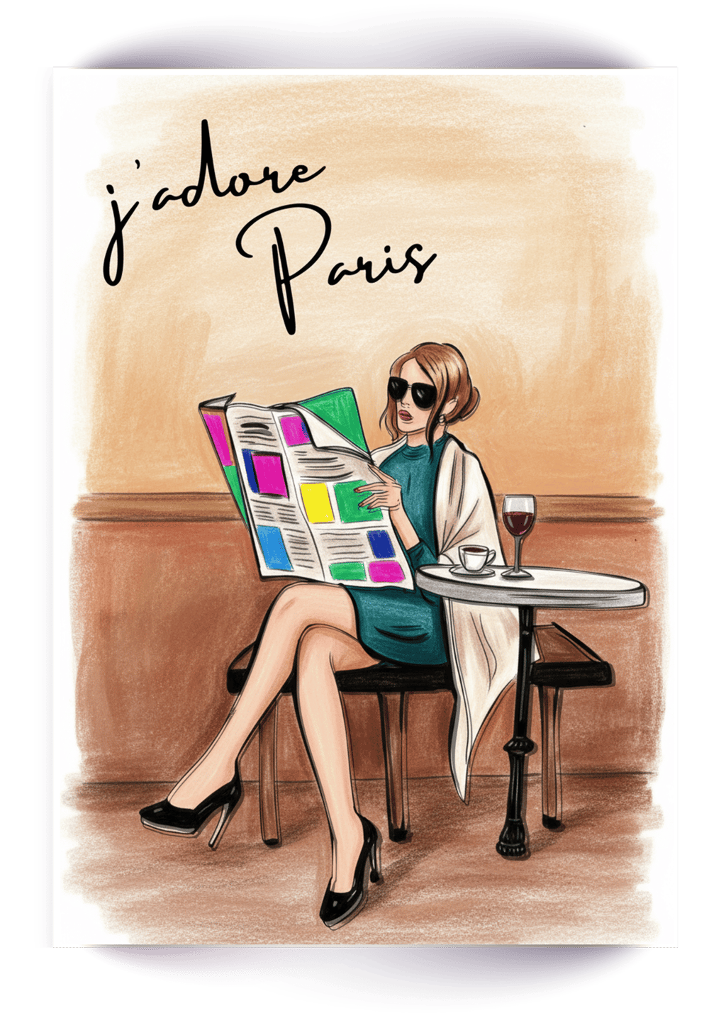 Fashion illustration of a woman in Paris sitting at a cafe reading a newspaper with wine.