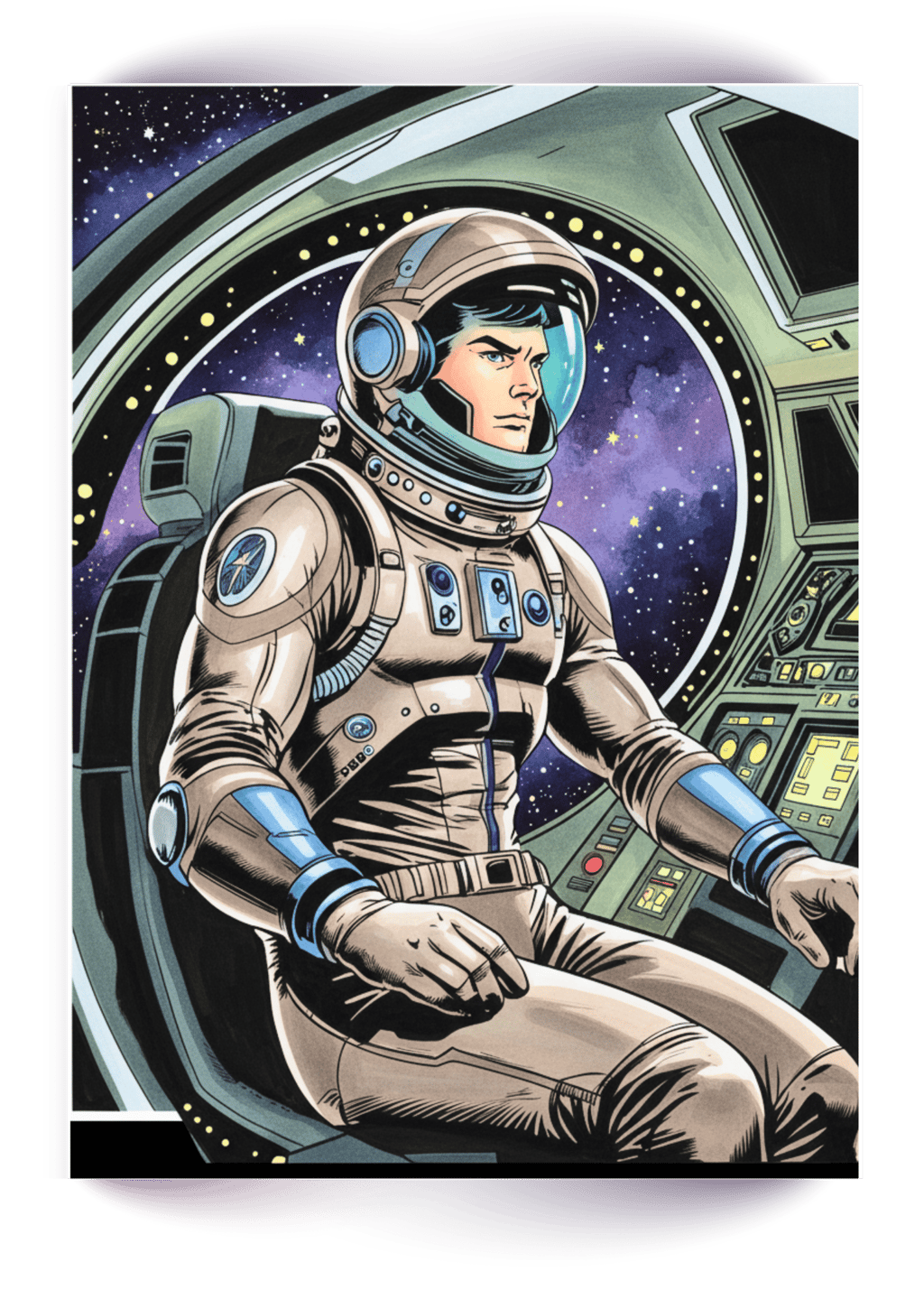 Retro comic book illustration of an astronaut in a beige spacesuit piloting a spacecraft in deep space.
