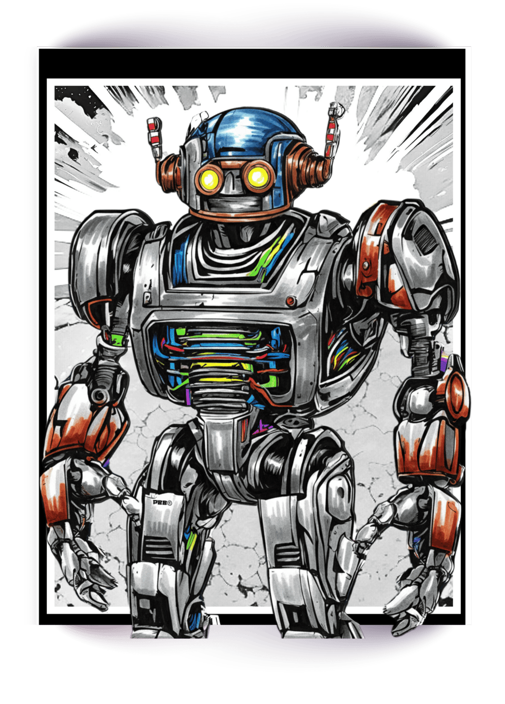 Retro comic style illustration of a colored in vintage robot with glowing eyes and exposed wiring.