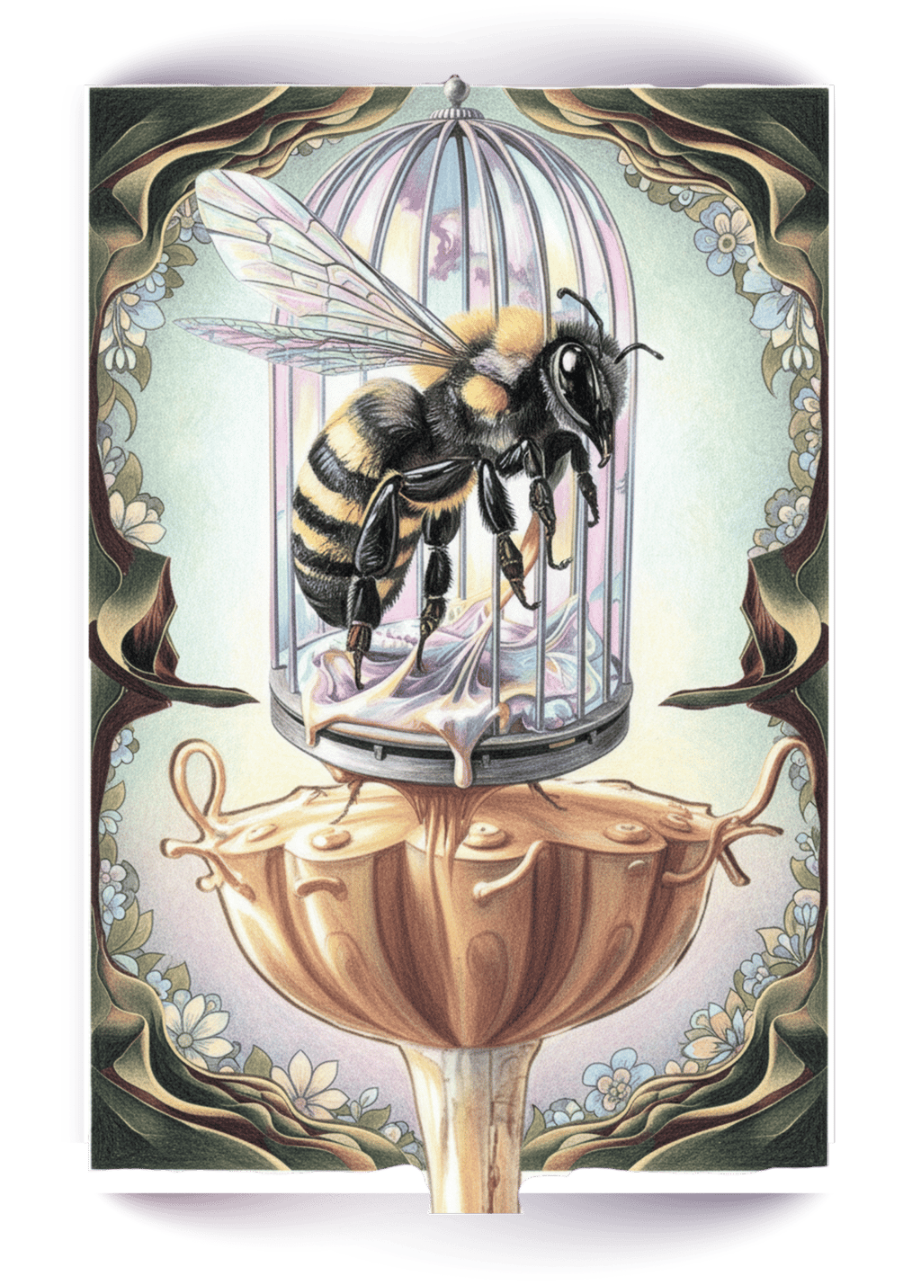Surreal illustration of a giant bumblebee trapped inside a silver birdcage atop a golden pedestal.