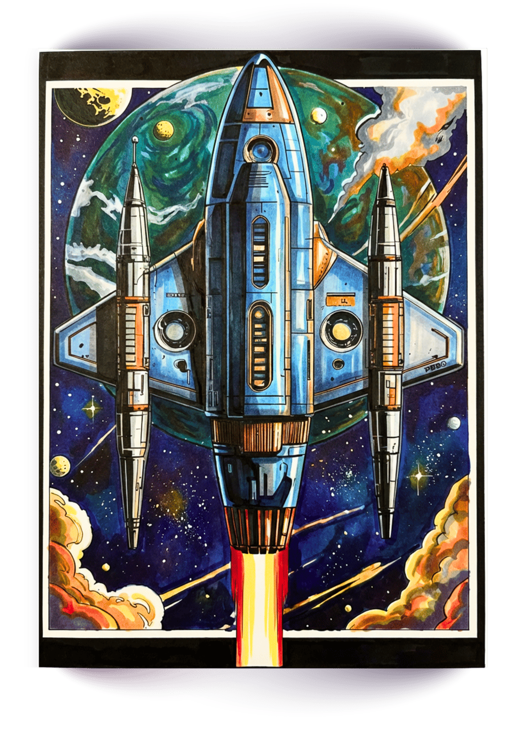 Retro sci-fi illustration of a blue spaceship launching from an alien planet into deep space.