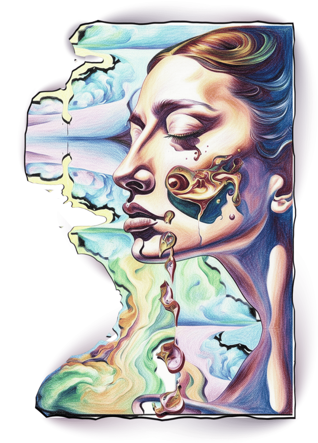 Surreal colored pencil drawing of a woman's face with melting abstract patterns and landscape reflections.