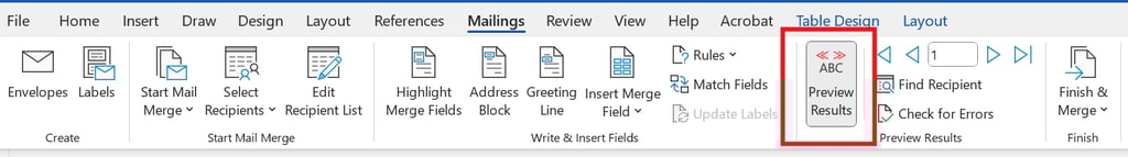 screenshot of Mailings ribbon with the Preview Results button selected
