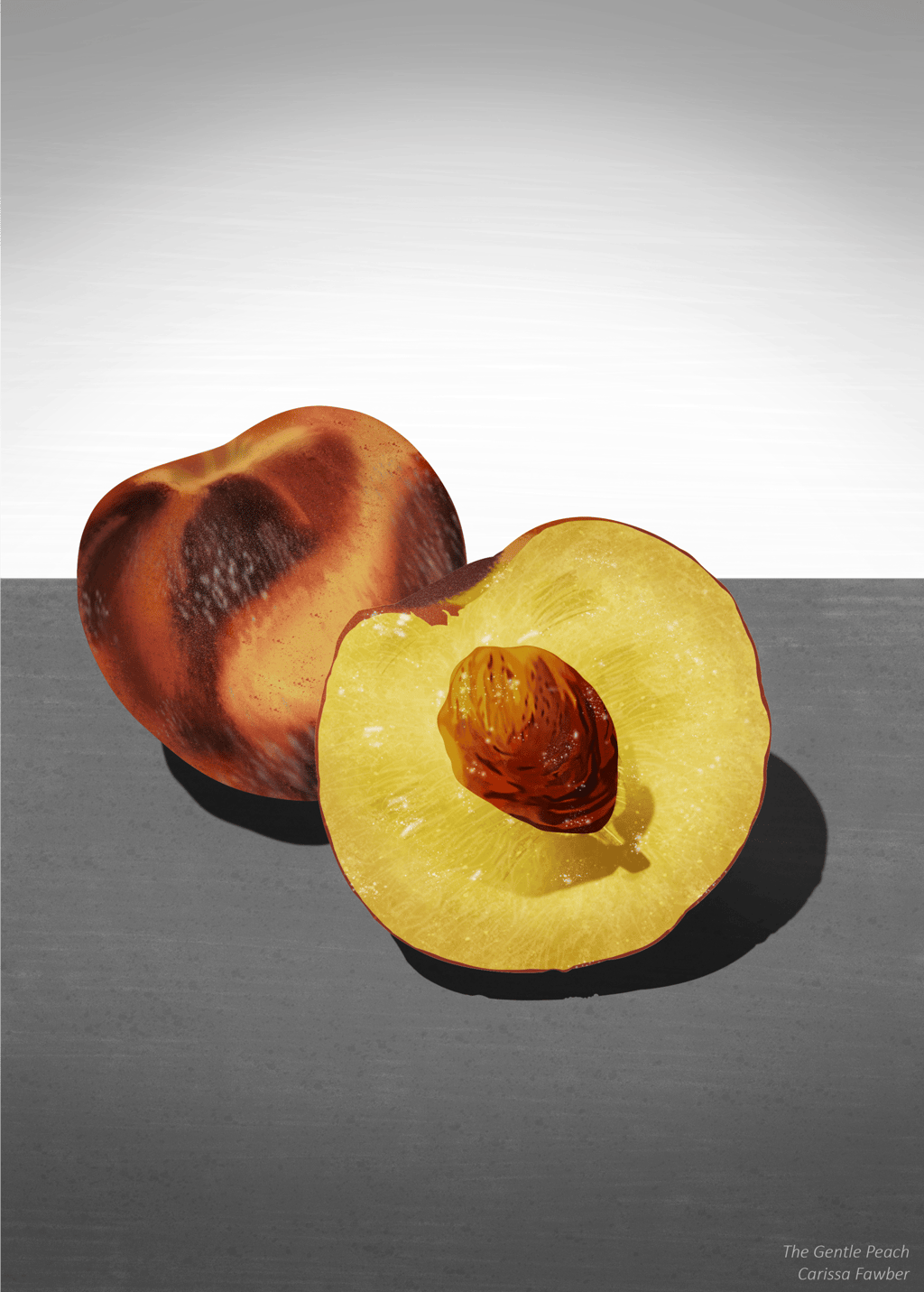 A realistic digital painting of a whole peach and a halved peach showing the pit on a gray surface.