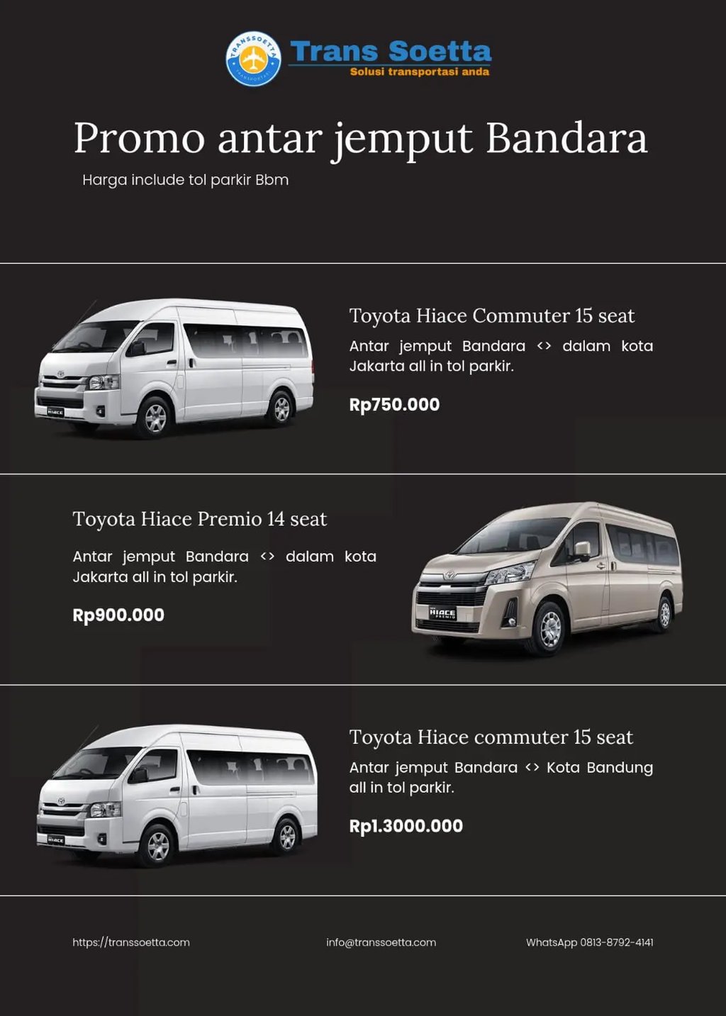 Brosur promo harga antar jemput bandara untuk armada Toyota Hiace.