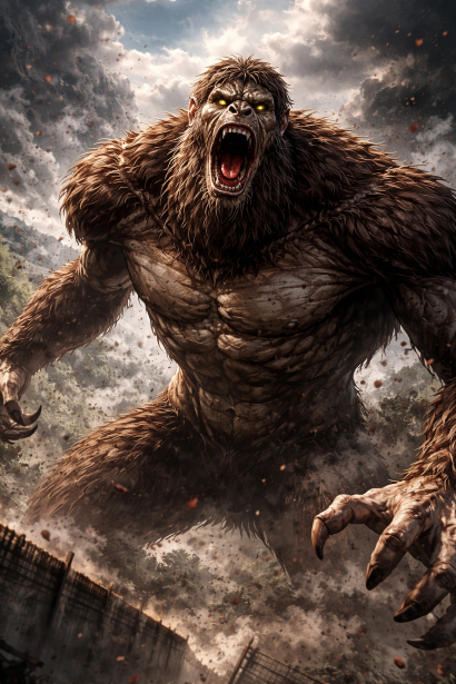 A giant roaring Bigfoot cryptid with glowing eyes attacking a mountain landscape.