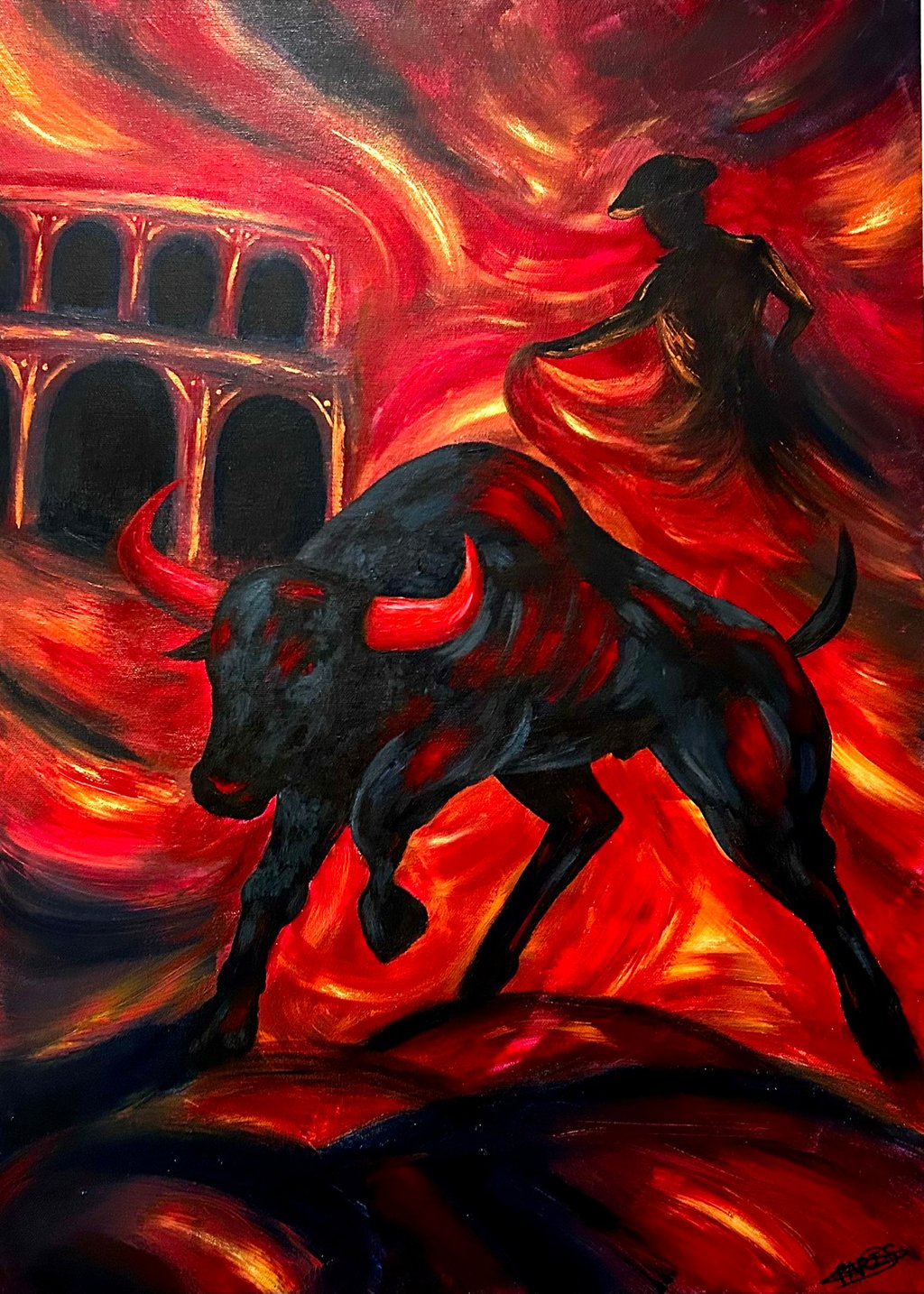 Ilona Paris tableau tauromachie d'un taureau sur fond rouge