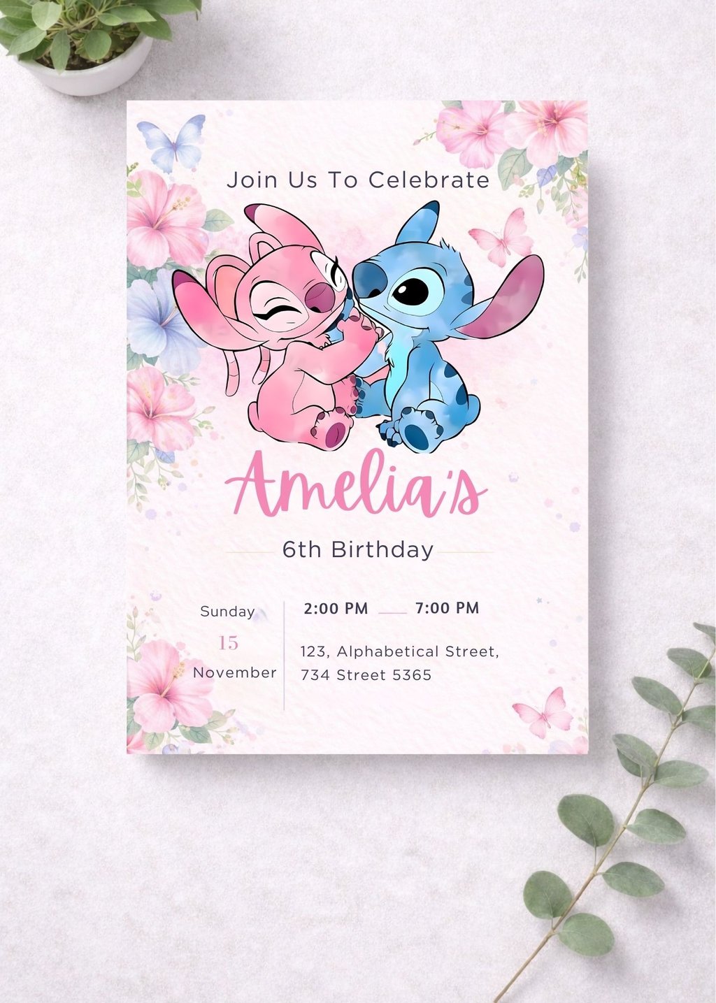 Free Stitch and Angel Birthday Invitation Template