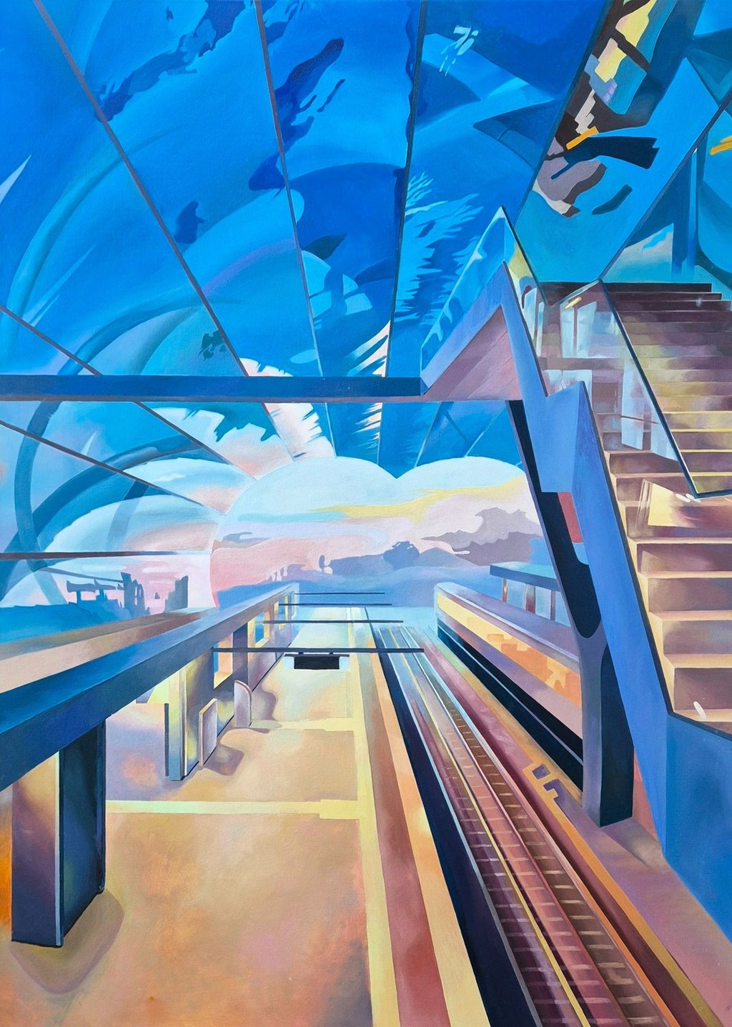 Weitwärts; Öl auf Leinwand; Gemälde einer futuristischen Zug und Bahnhaltestelle mit Licht