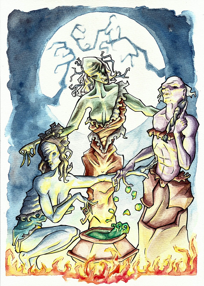 A watercolour illustration in green and blue hues depicting Shakespere's witches around a cauldron