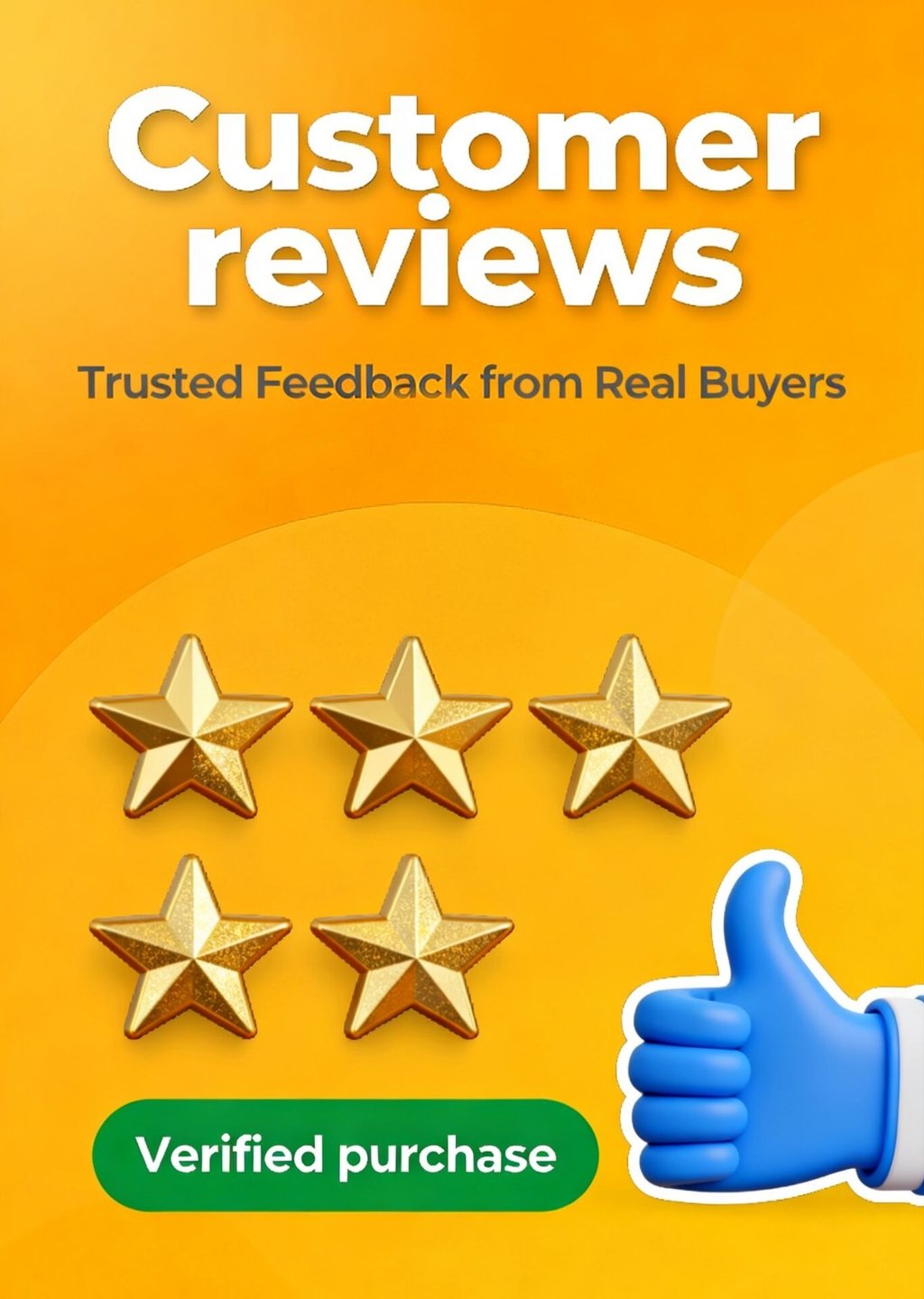 Customer reviews graphic featuring five gold stars, a blue thumbs up, and a verified purchase badge on yellow.