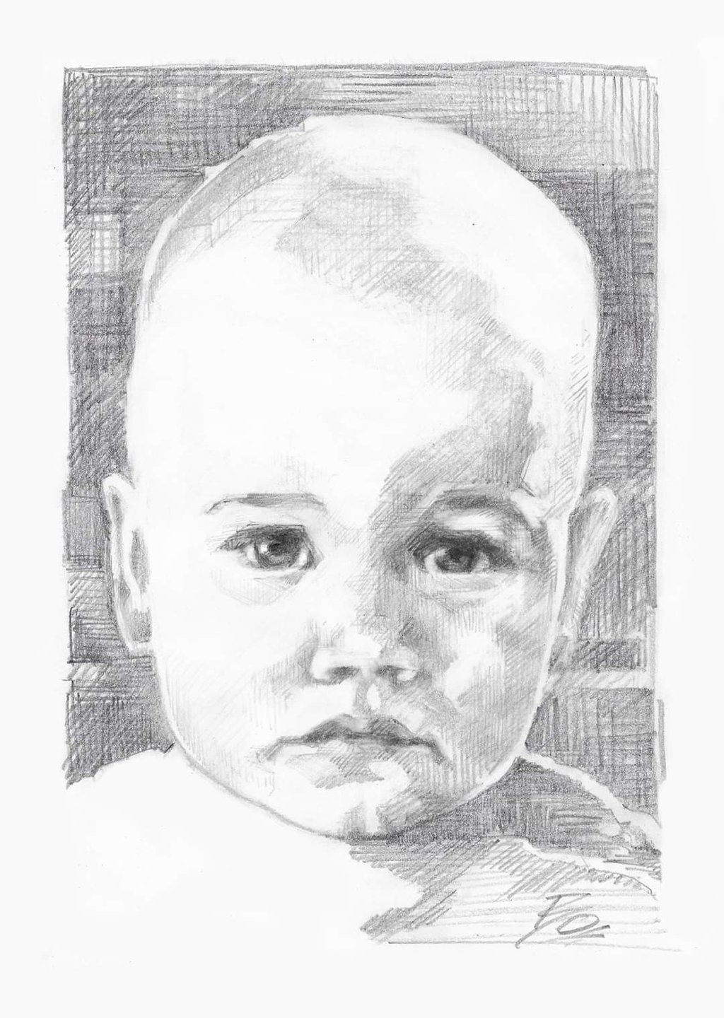 Hand-drawn pencil sketch of a baby's face with realistic shading and detailed eyes.