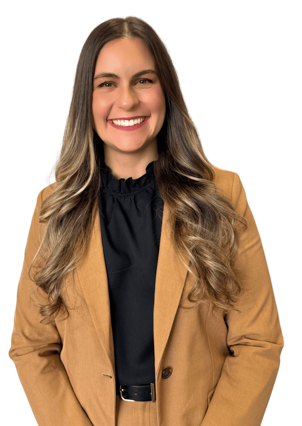 woman with long hair wearing a suit with a black shirt