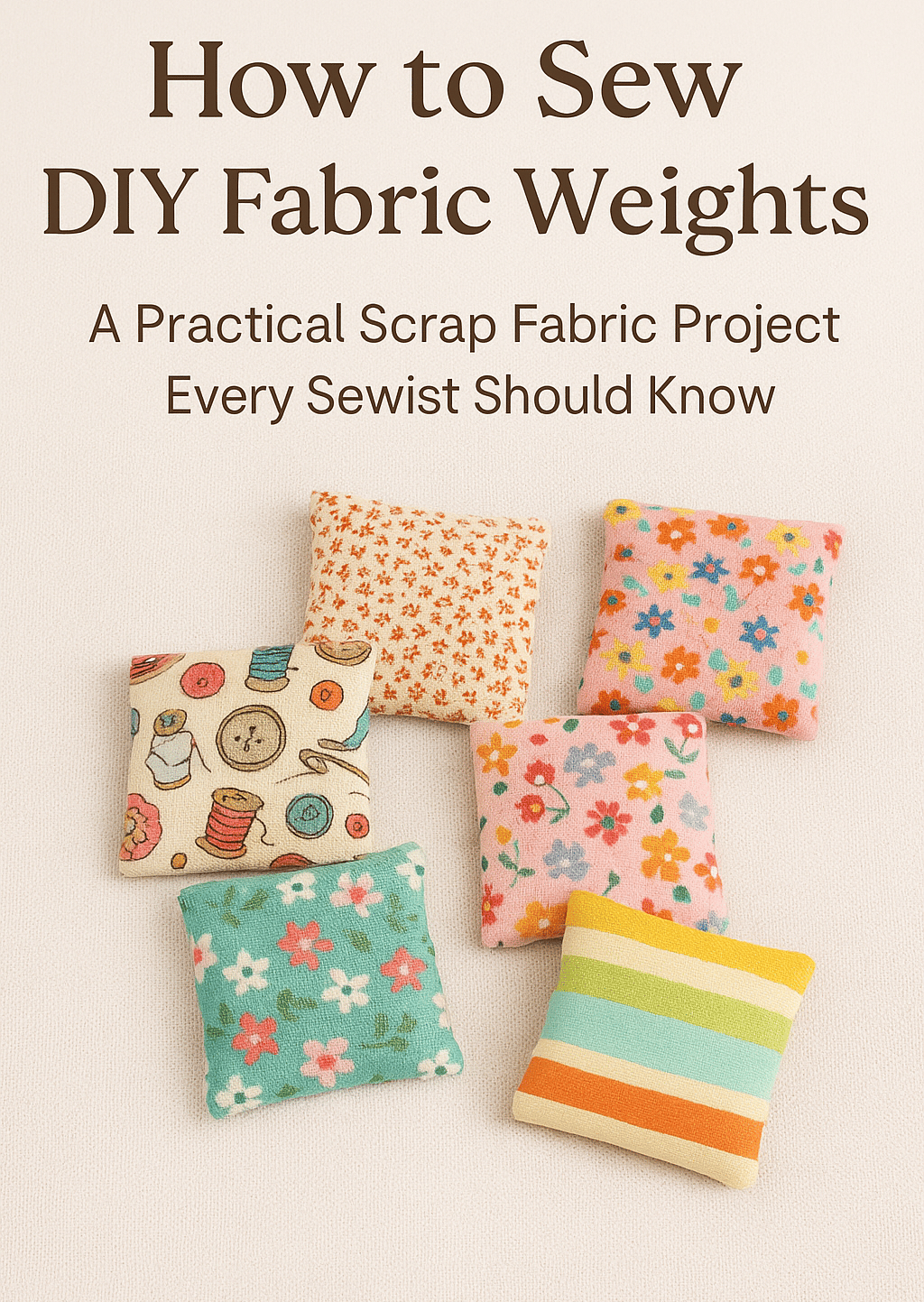 "DIY fabric weights in colorful prints on fabric background."