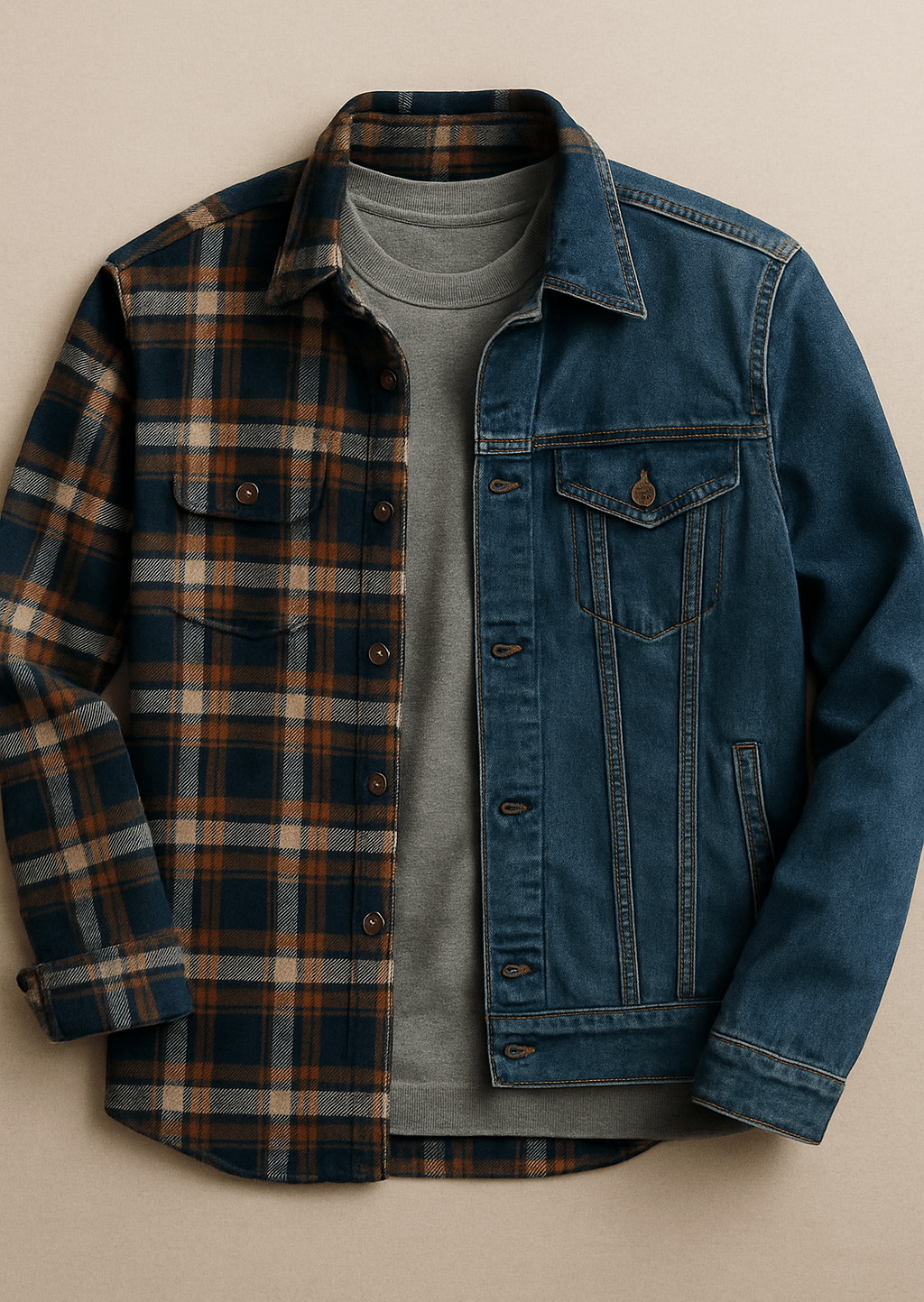 Layered men’s outfit with tee, flannel, and denim jacket.