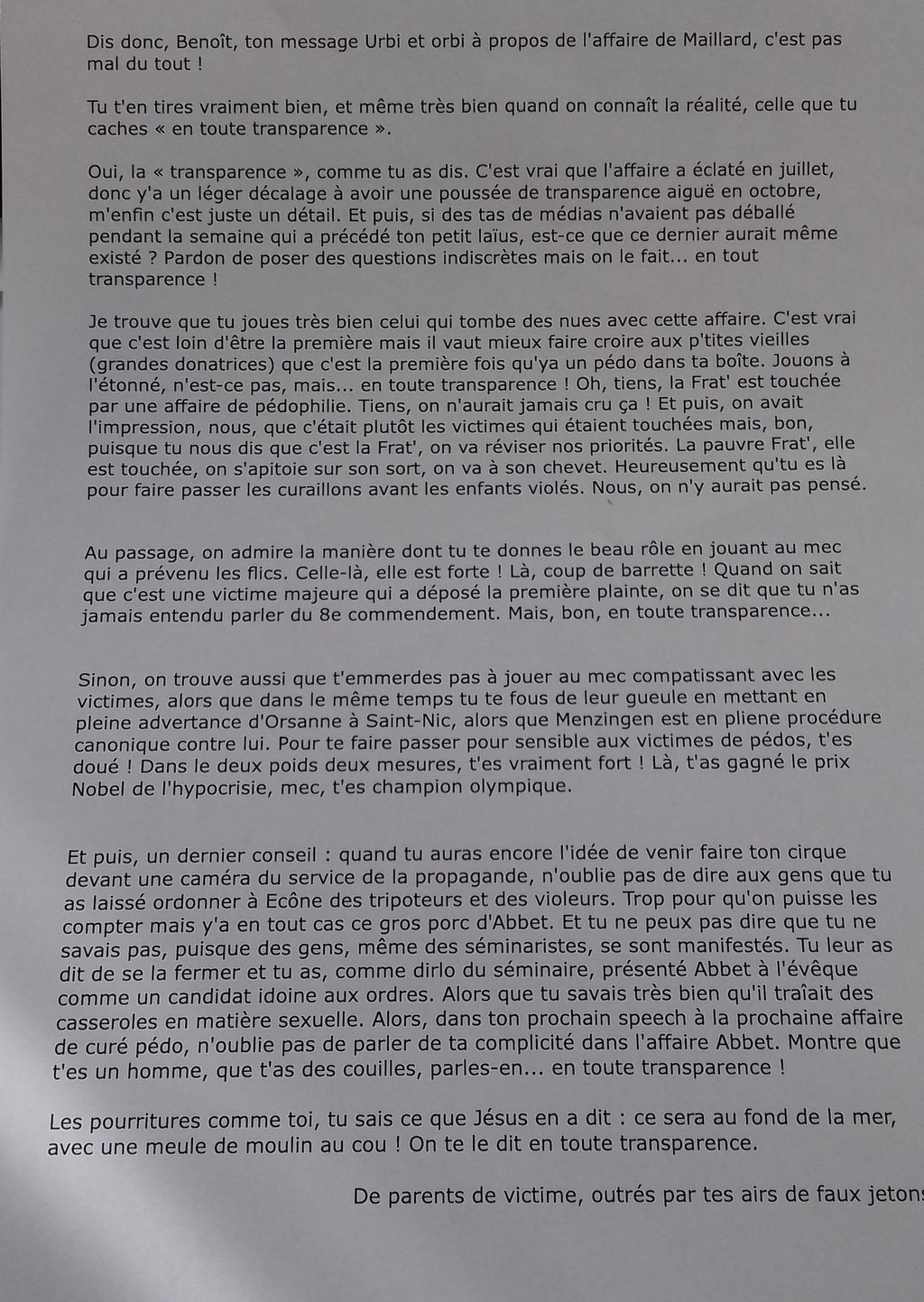 Lettre de parents à Jorna