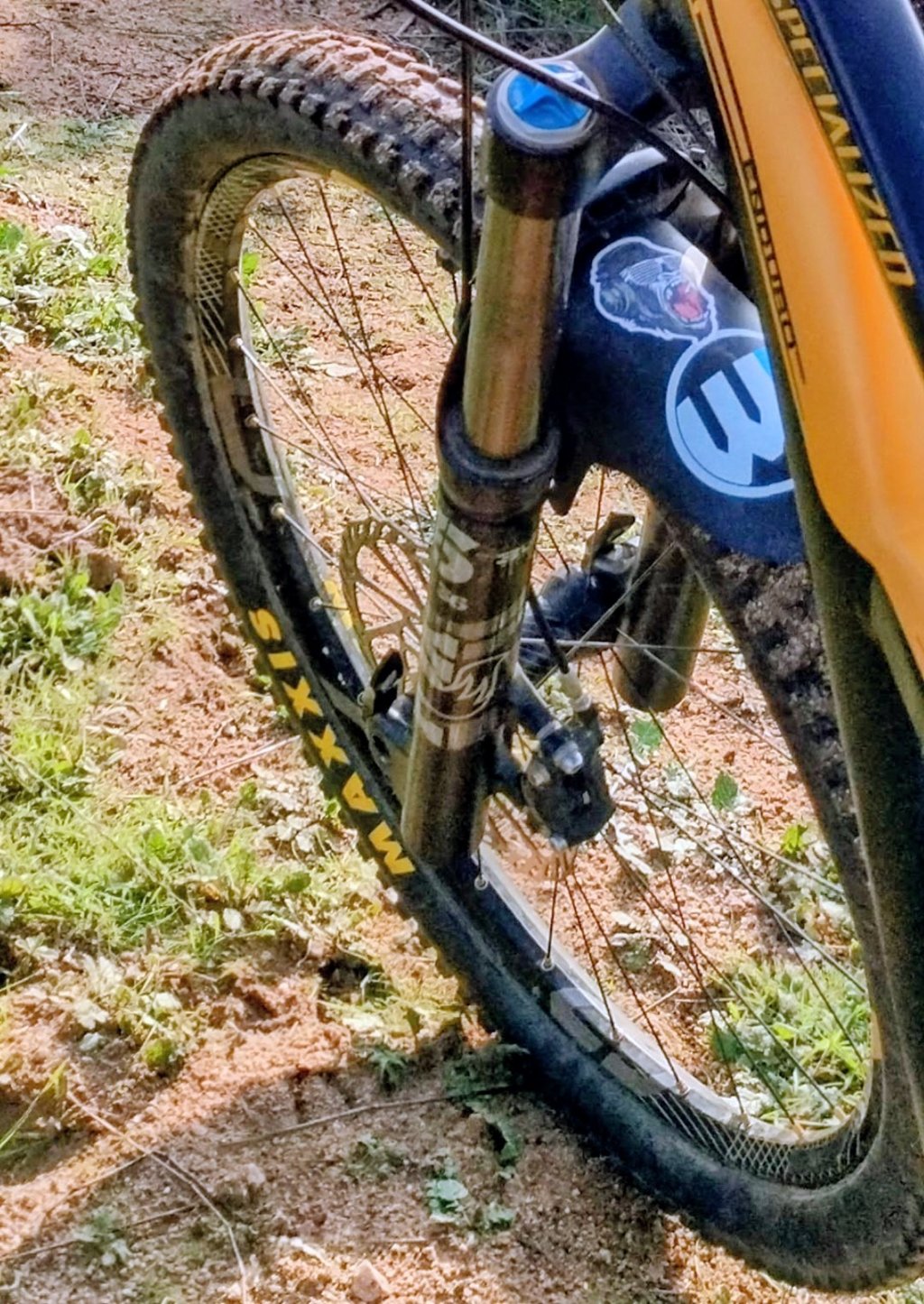 Close up of Maxxis mountain bike tire on Specialized bike on dirt trail in Southern California