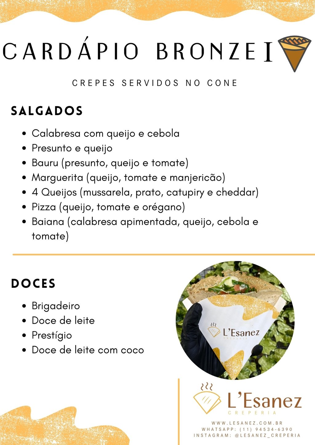 cardápio do serviço bronze 1 em que os crepes são servidos no cone