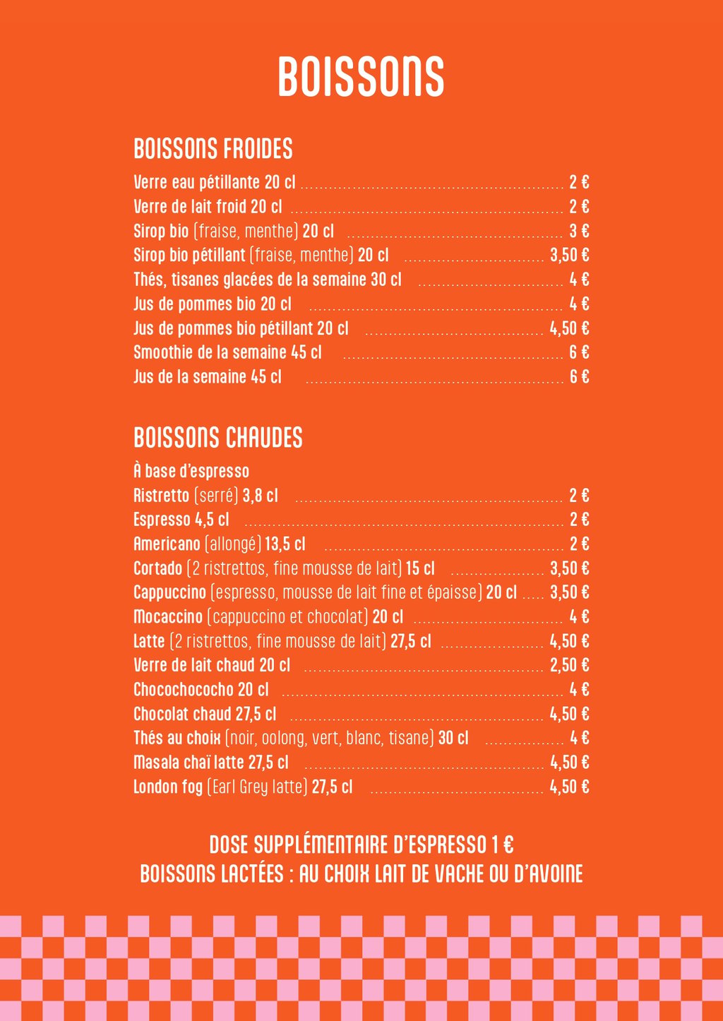 Tarifs des boissons froides et chaudes de Marelle et Tablier