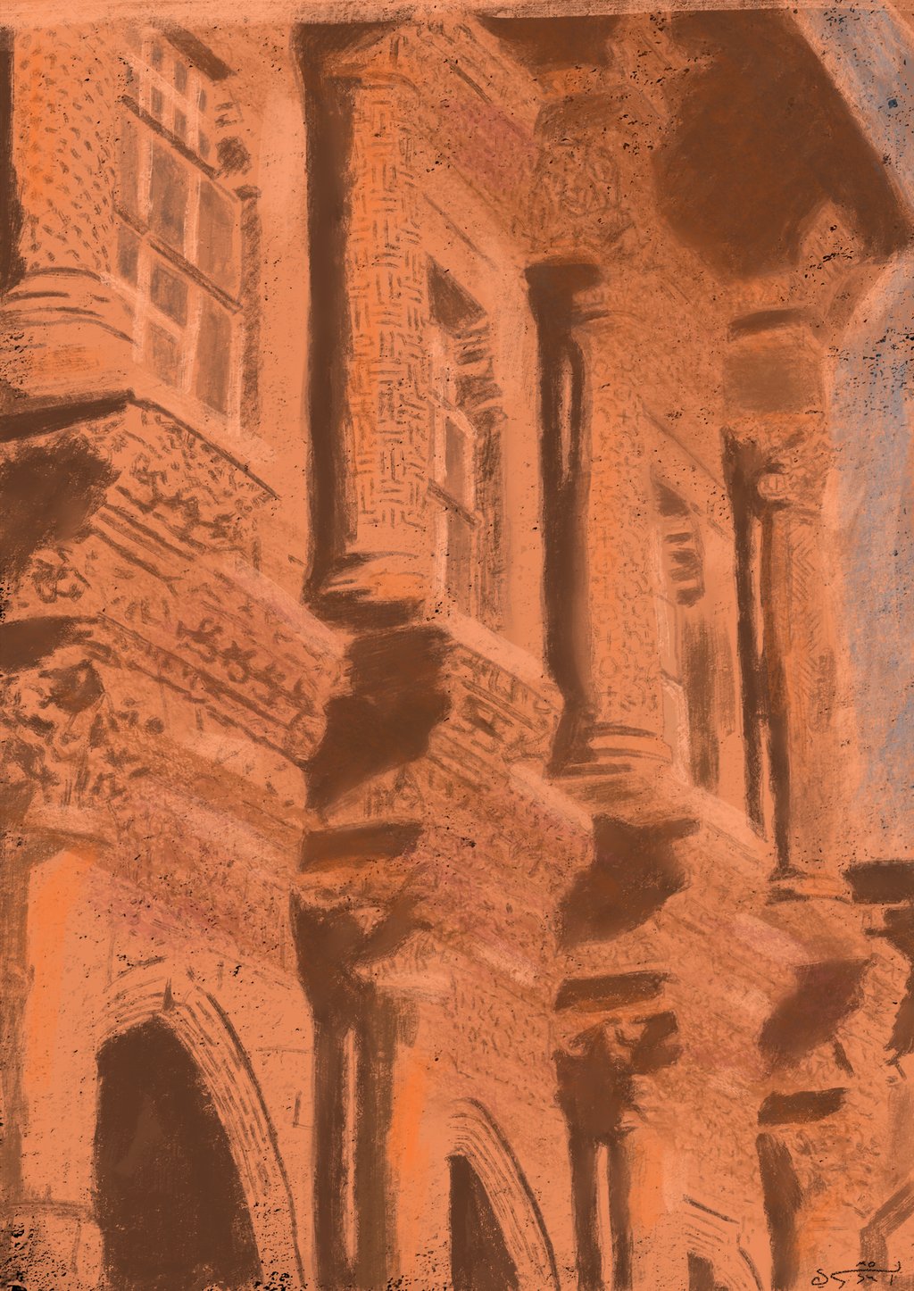 a digital painting of old orange building in Turkey