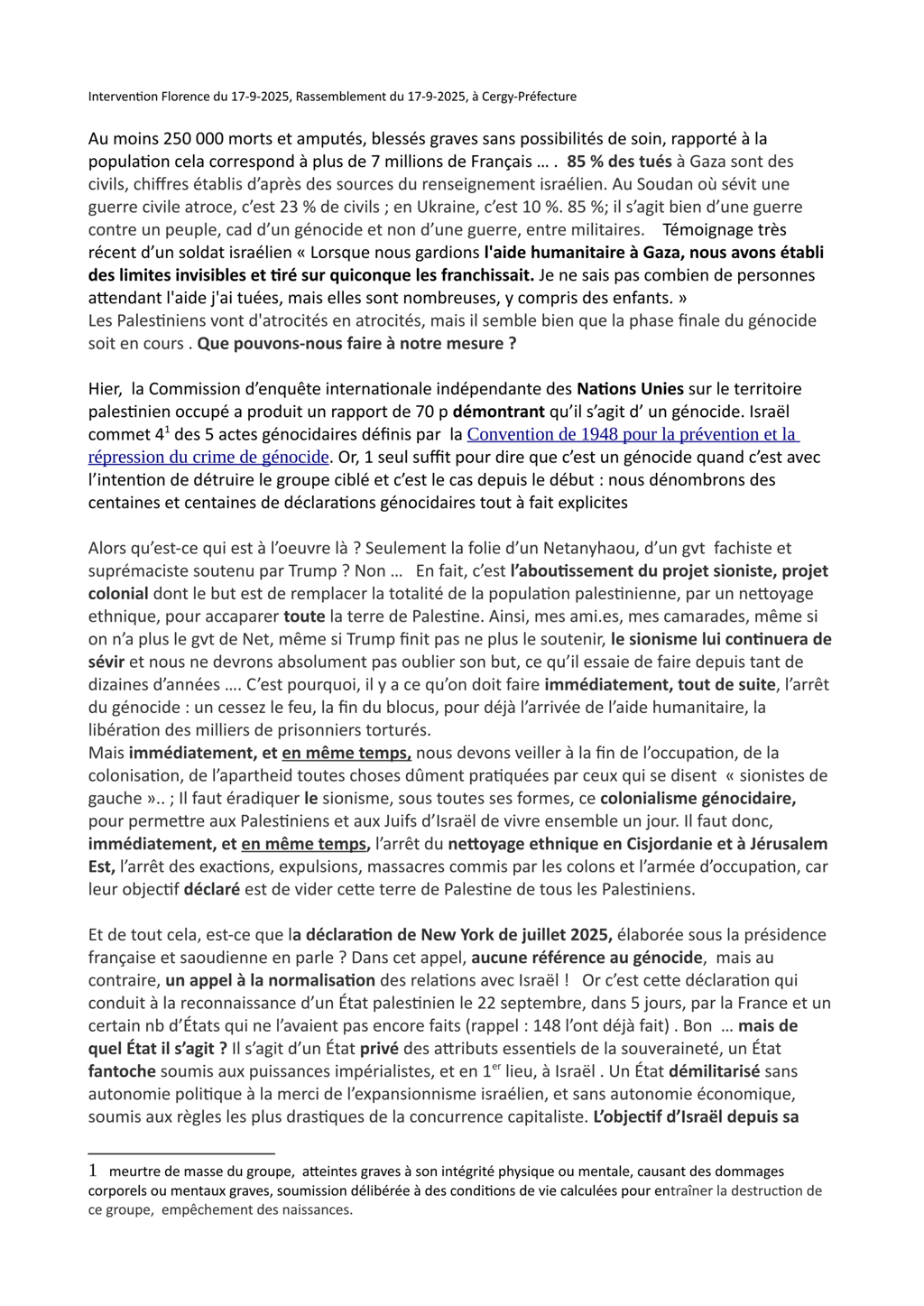 Intervention de Florence au Rassemblement du 17 septembre 2025 à Cergy-Préfecture 1/3