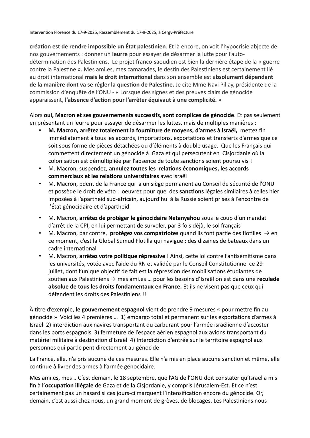 Intervention de Florence au Rassemblement du 17 septembre 2025 à Cergy-Préfecture 2/3