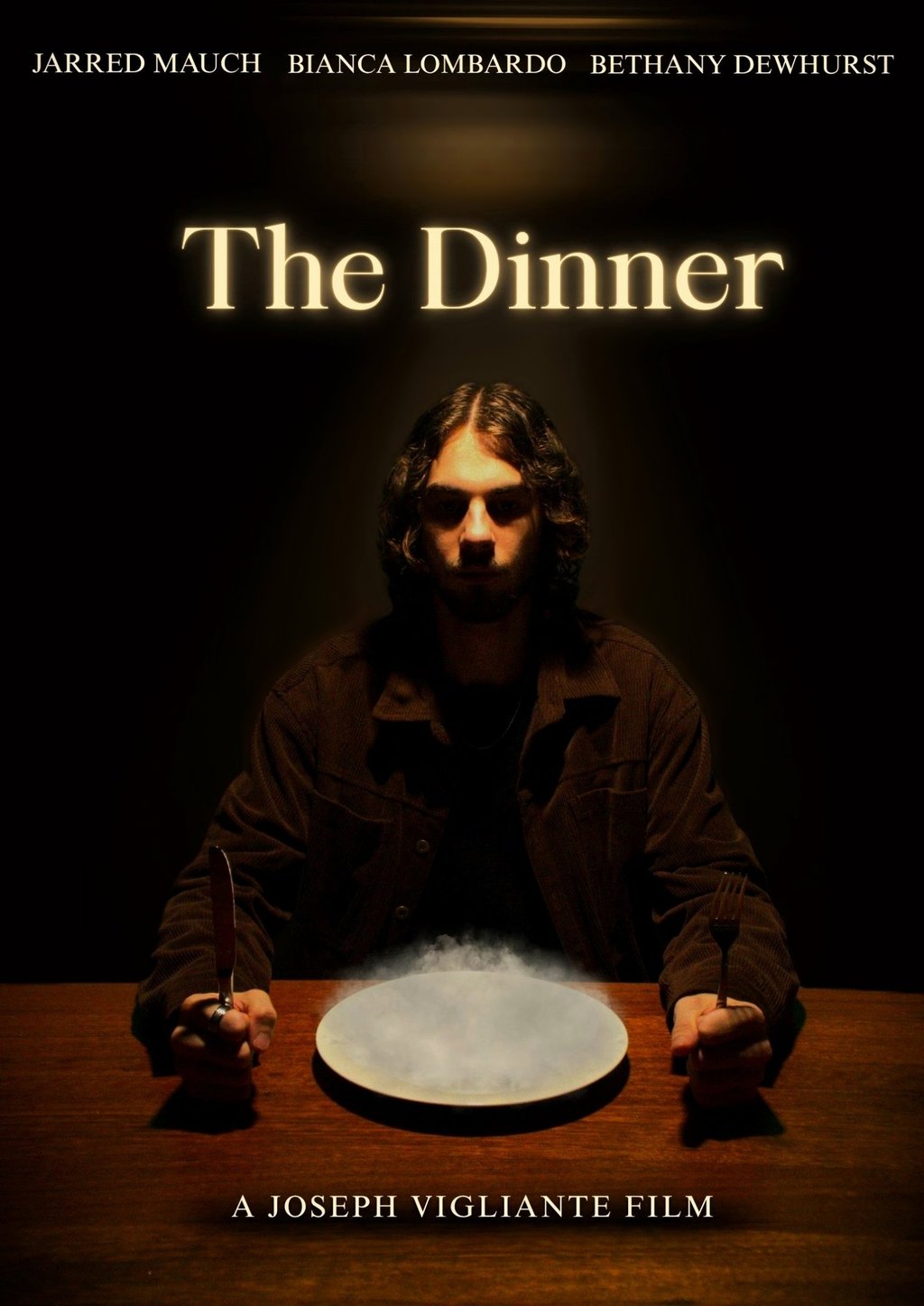 A dark, intense movie poster for "The Dinner" features a brooding man with long hair, holding a knife and fork over an empty
