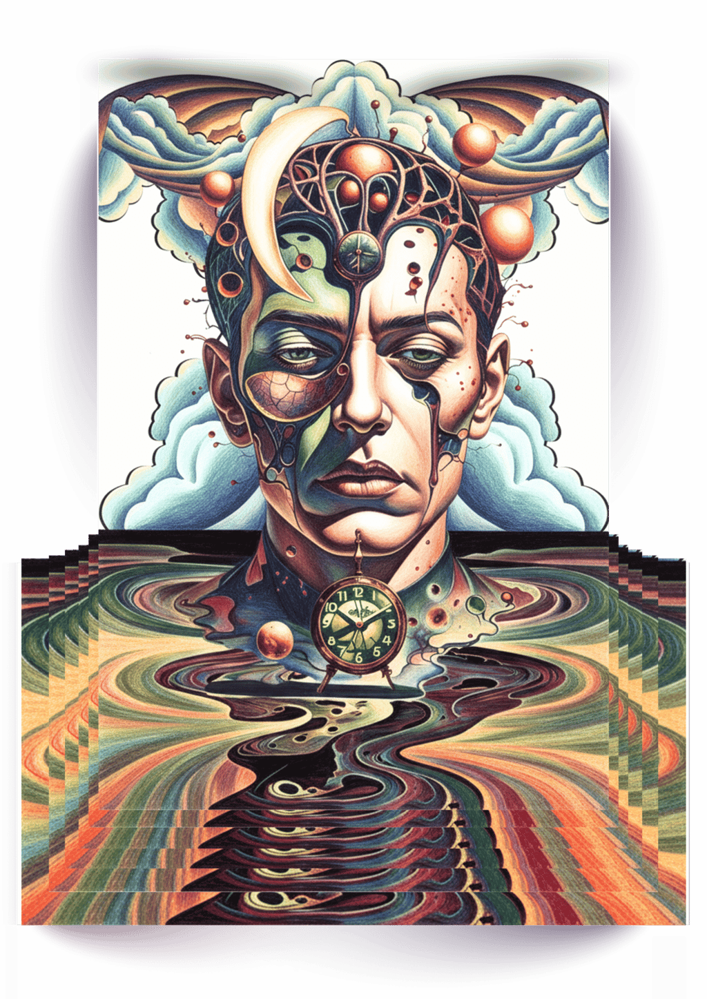 Surrealist portrait with melting clocks and psychedelic patterns in a colorful dreamlike art style.