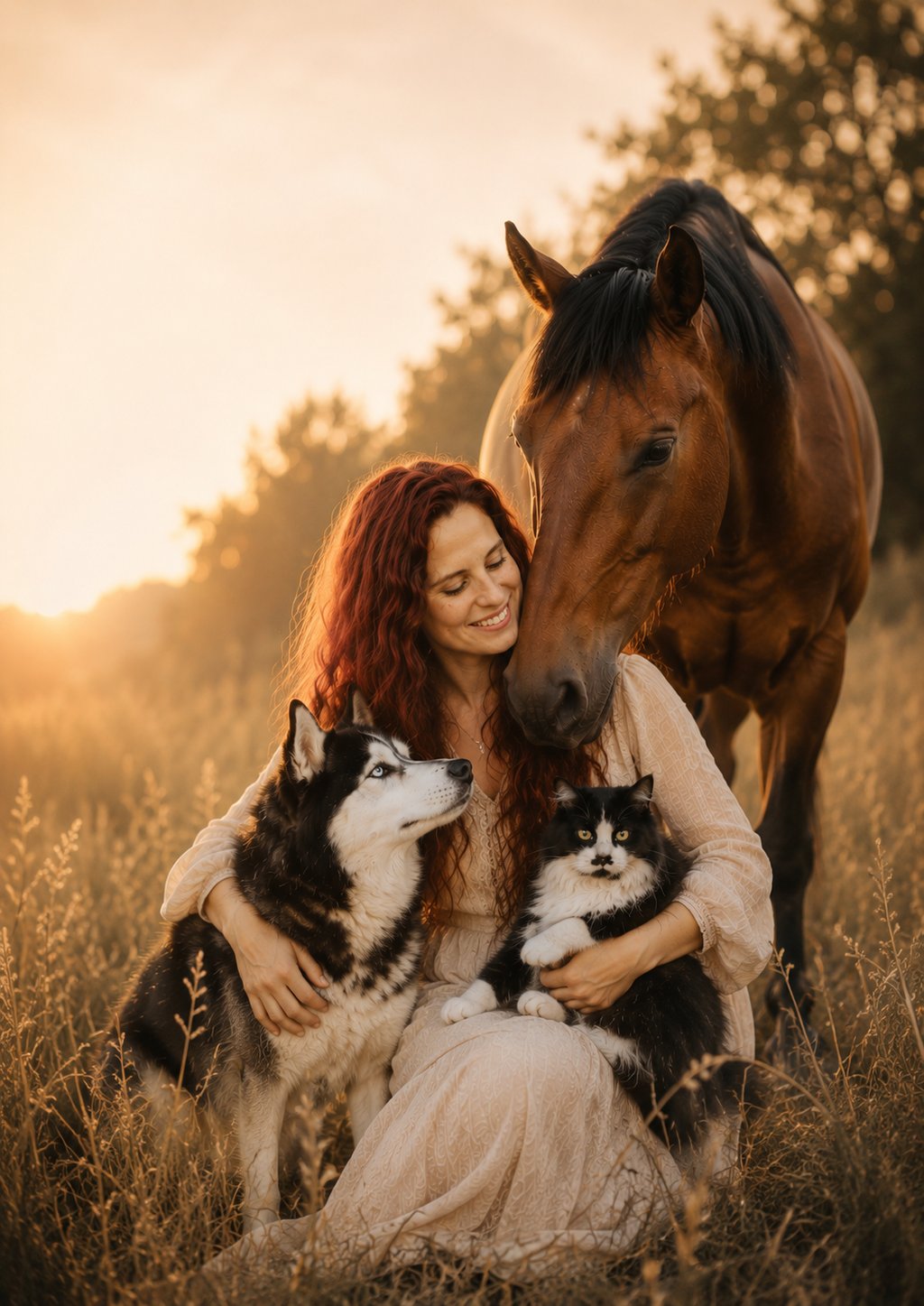 Marion avec son chat, chien et cheval dans une prairie dorée avec un coucher de soleil. Ils sont autour d'elle.