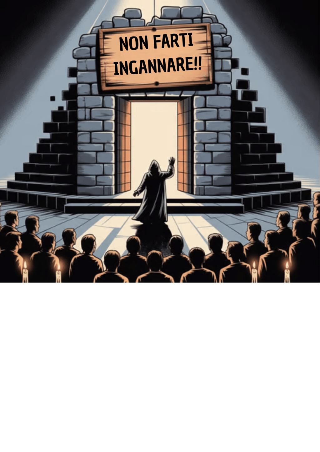 Un uomo in una veste nera è in piedi davanti a un palco con un cartello: "non farti ingannare"