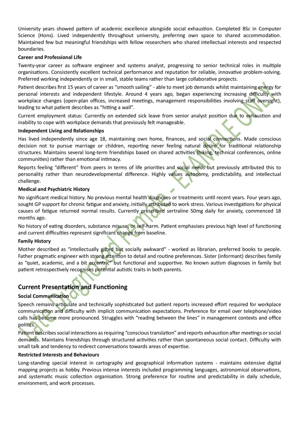 Redacted example of a legitimate ASD diagnostic report for an adult late-diagnosed female in Scotland. Page 3 of 9