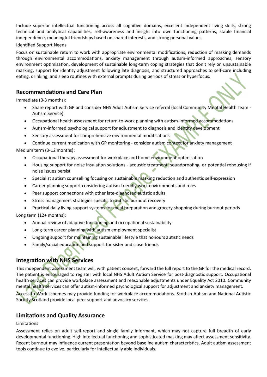 Redacted example of a legitimate ASD diagnostic report for an adult late-diagnosed female in Scotland. Page 8 of 9