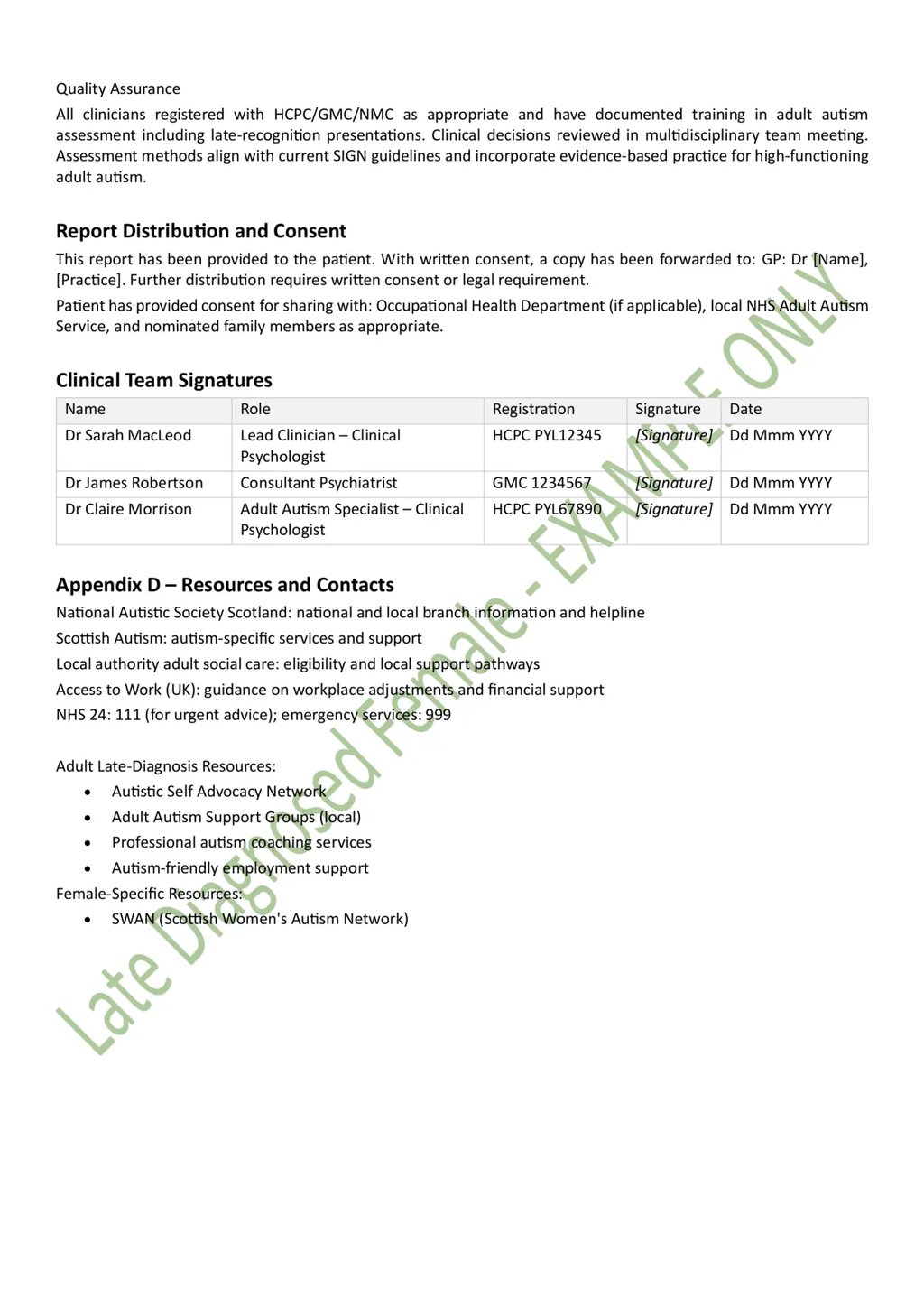 Redacted example of a legitimate ASD diagnostic report for an adult late-diagnosed female in Scotland. Page 9 of 9