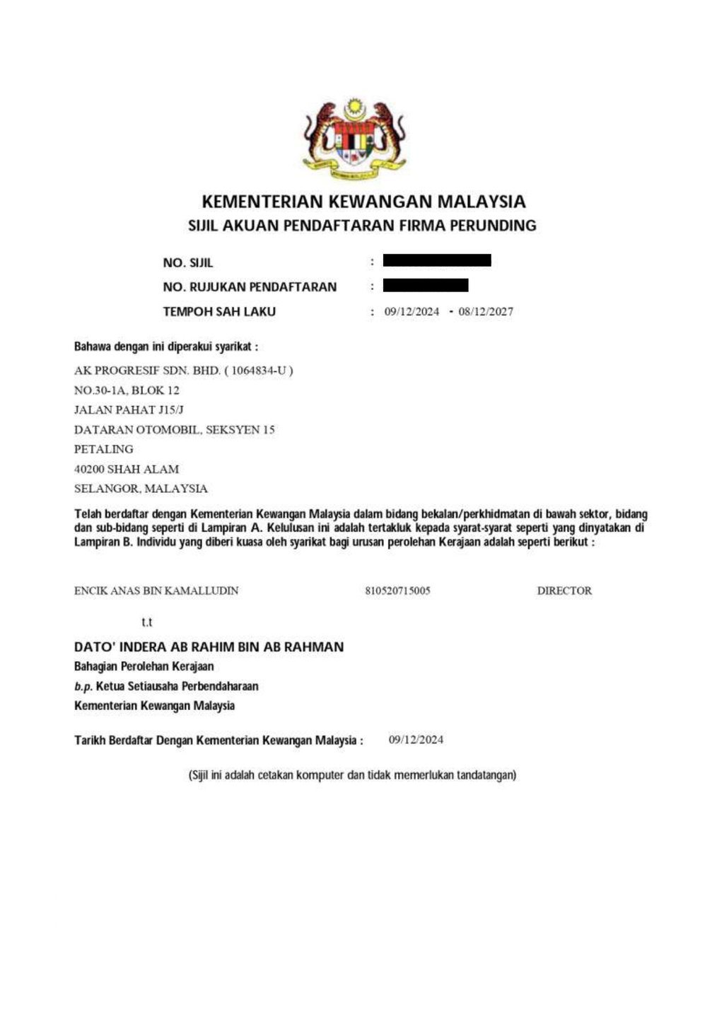 MOF Registration Certificate
