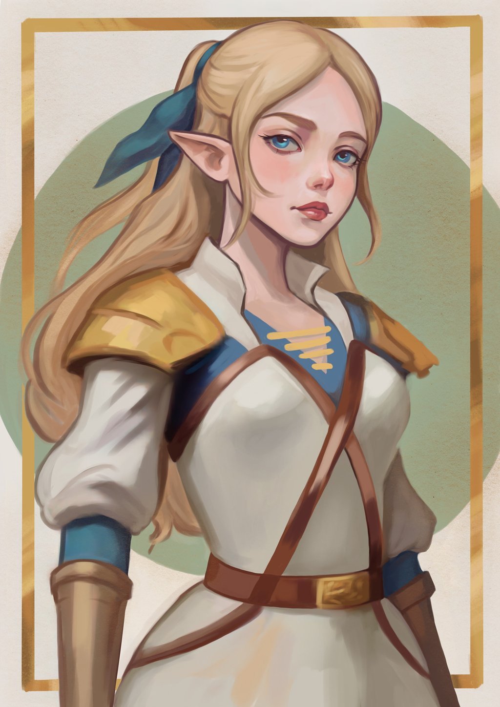 a woman in a white dress with a blue tie