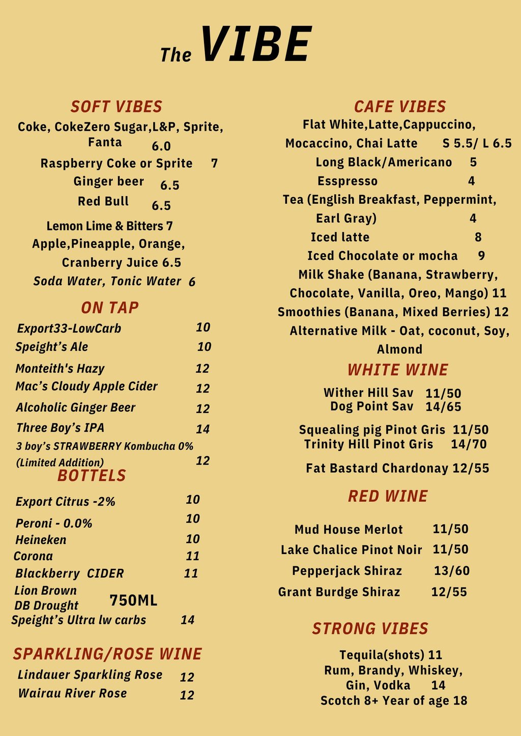 The Vibe drinks menu featuring soft drinks, beer on tap, coffee, smoothies, and a selection of wines.
