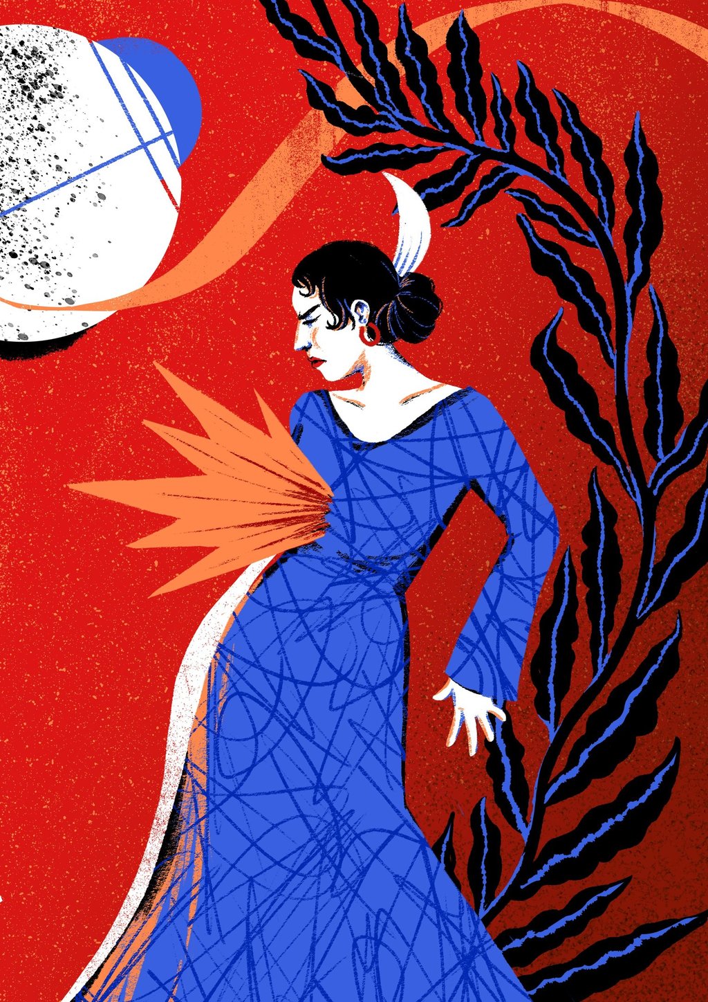a woman in a blue flamenco dress with fire in her chest and a moon in the background