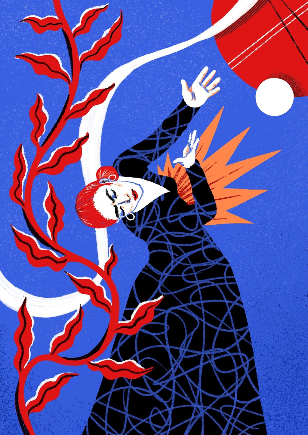a woman in a black flamenco dress with fire in her chest and red leaves sustaining her.