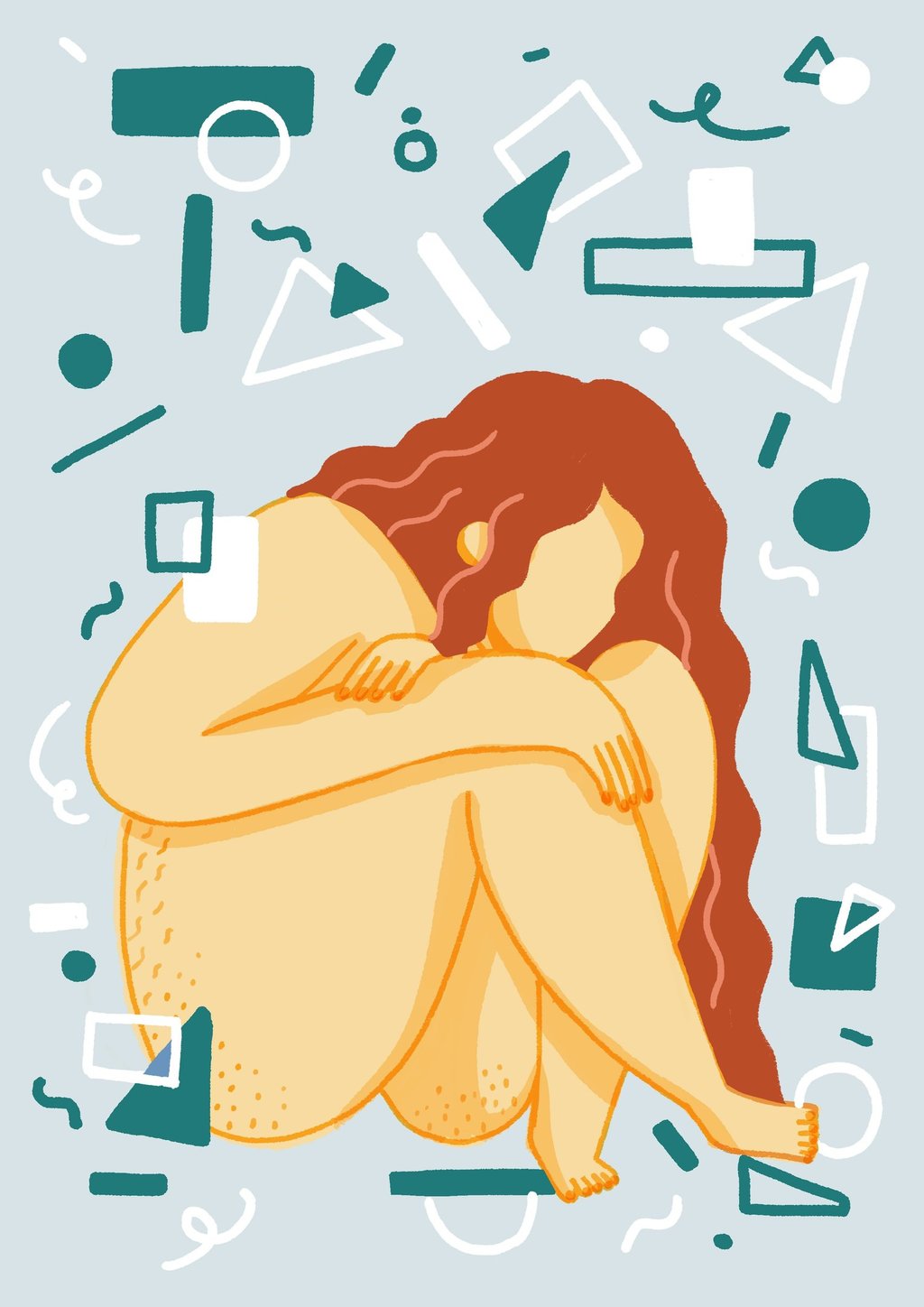 a naked woman sitting and hugging herself on a background full of shapes