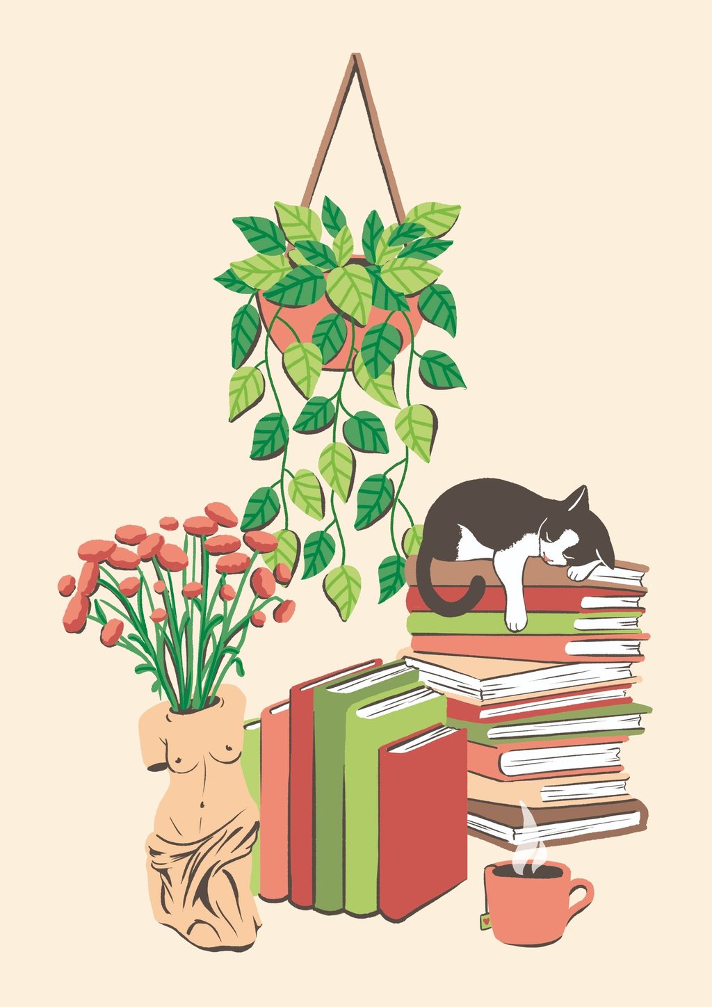 a cat sleeping on a pile of books, a hanging plant, a tea, a vase with the shape of a greek bust