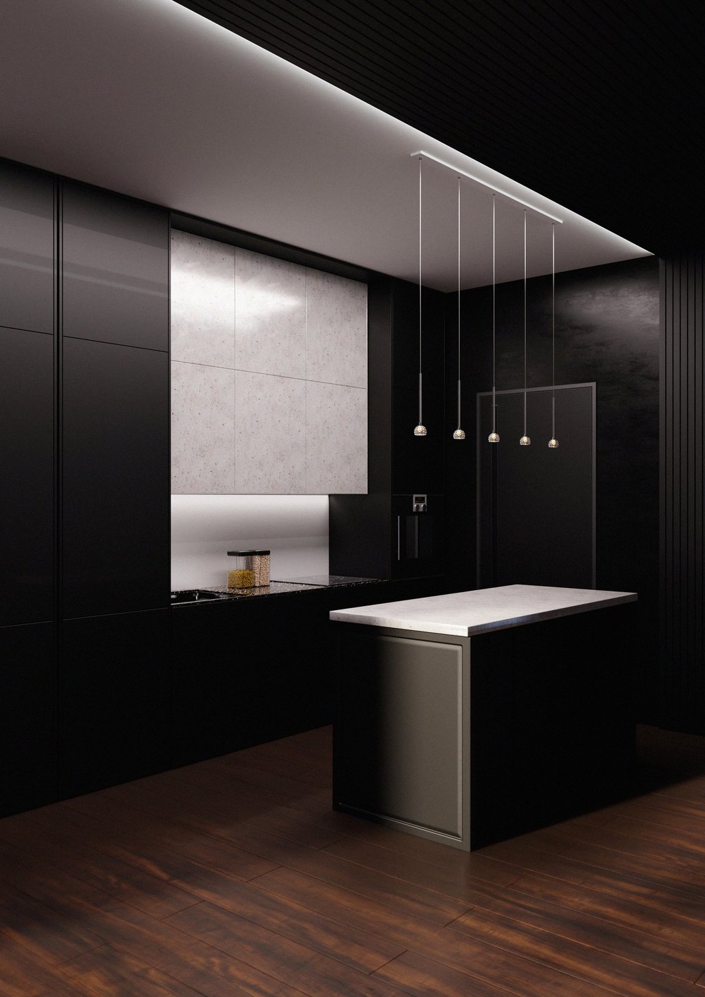 Rendu 3D d’une cuisine moderne noire avec îlot central, éclairage suspendu et design minimaliste.