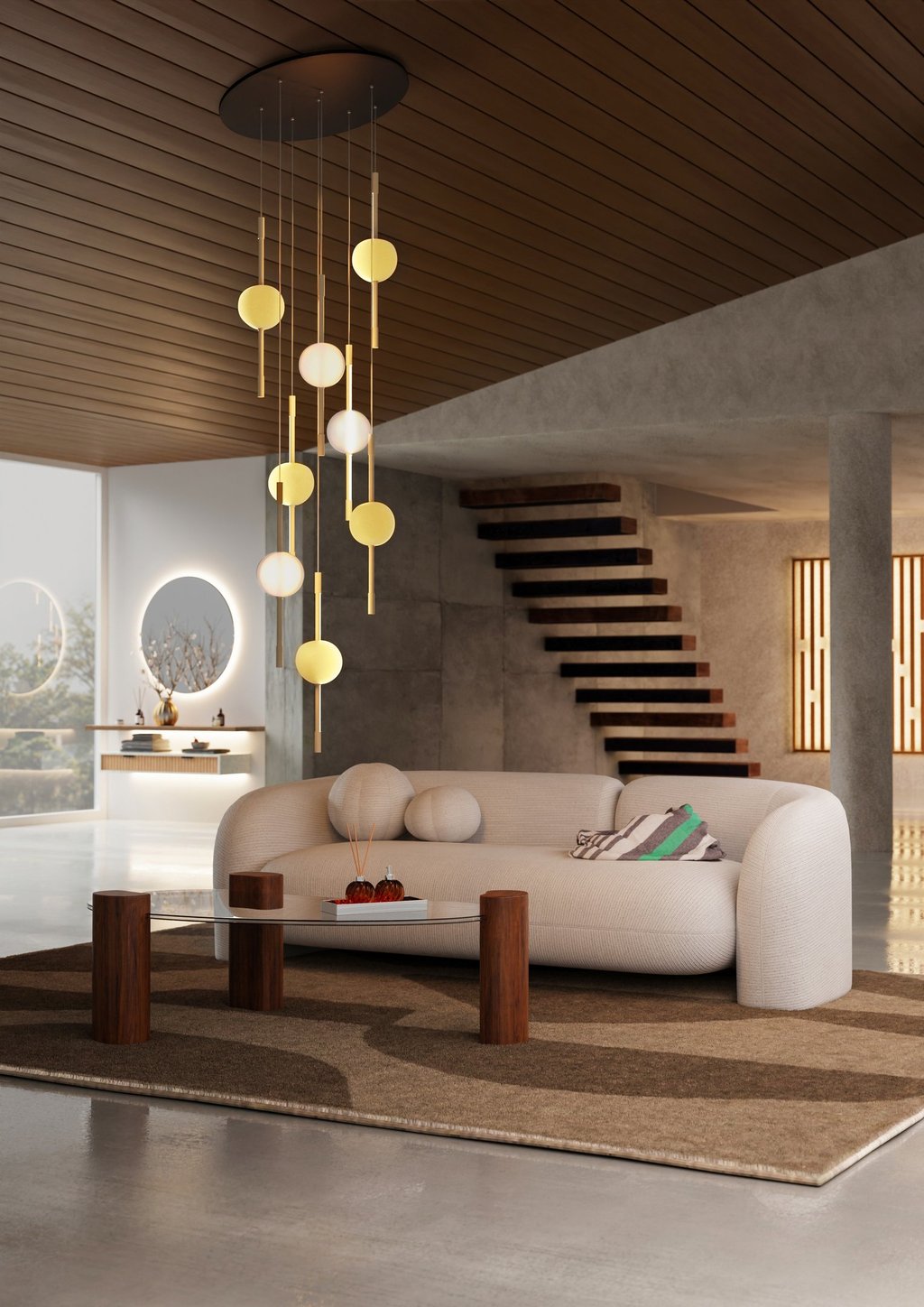 Rendu 3D d’un salon contemporain avec canapé beige, table basse en bois et suspension design dorée à sphères lumineuses.