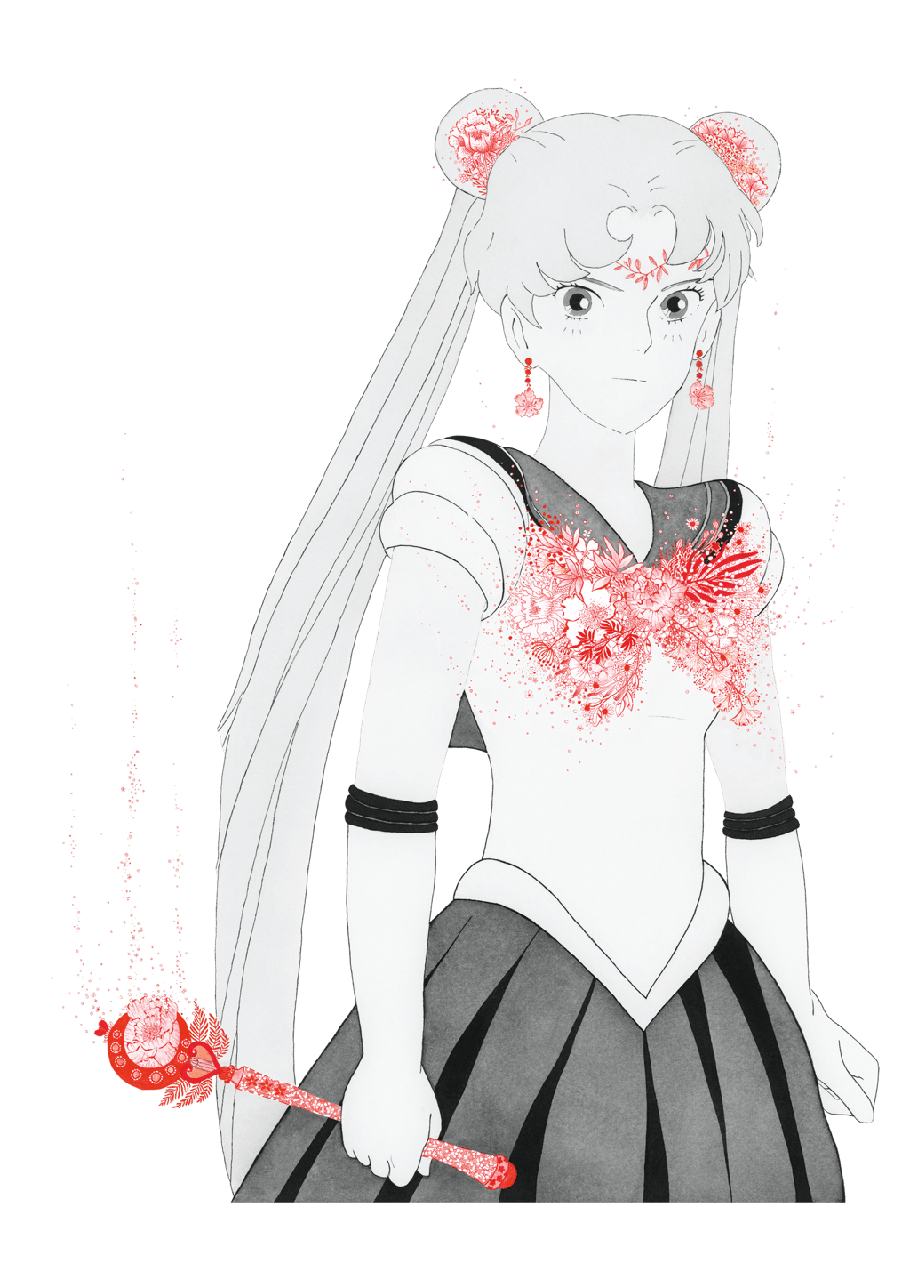 Illustrations de Sailor Moon dessine en LAVI et en fleurs rouges