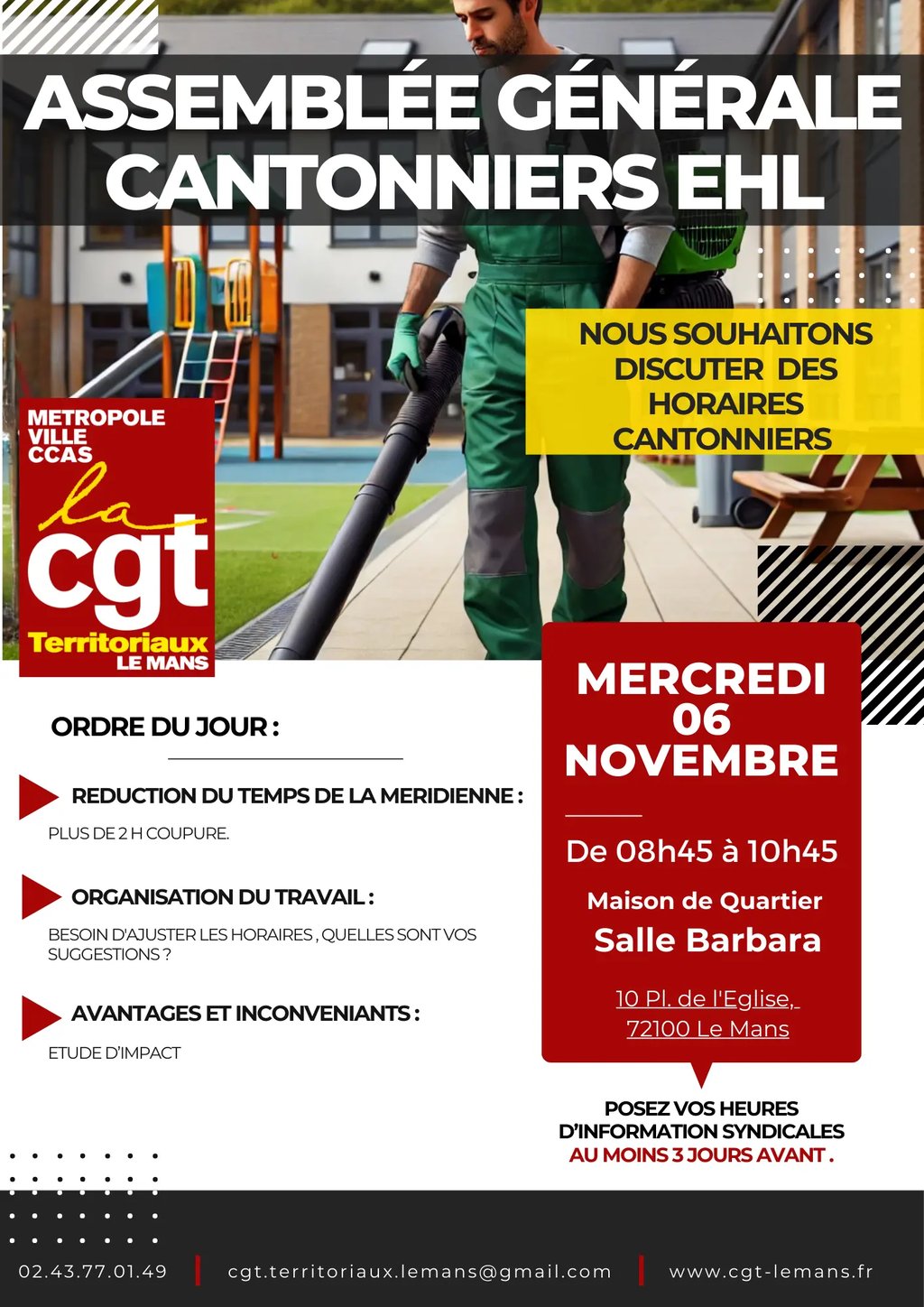Image d'un agent d'entretien scolaire soufflant une cour, illustration pour un tract