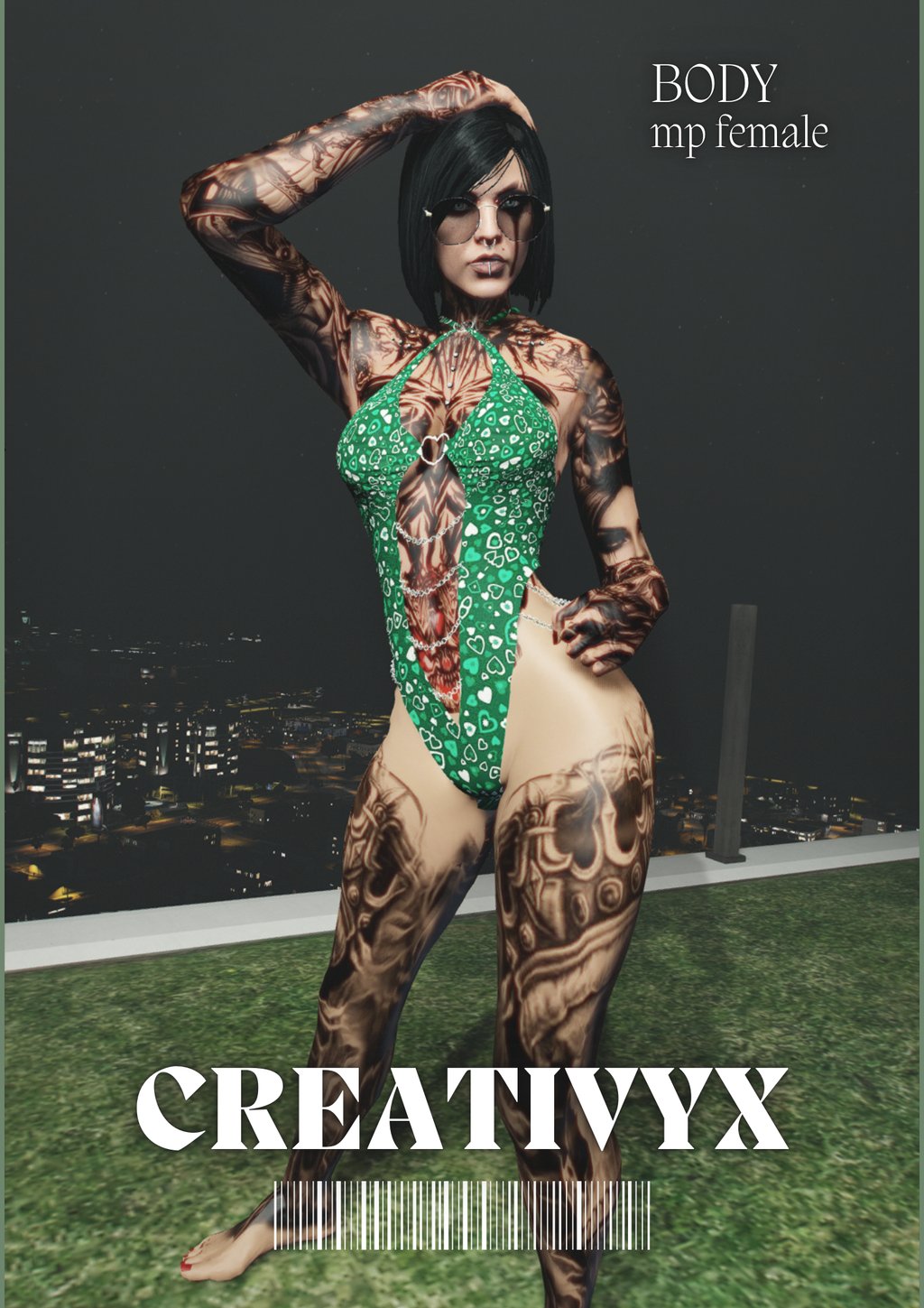 Tattooed woman with black hair posing in a green bodysuit