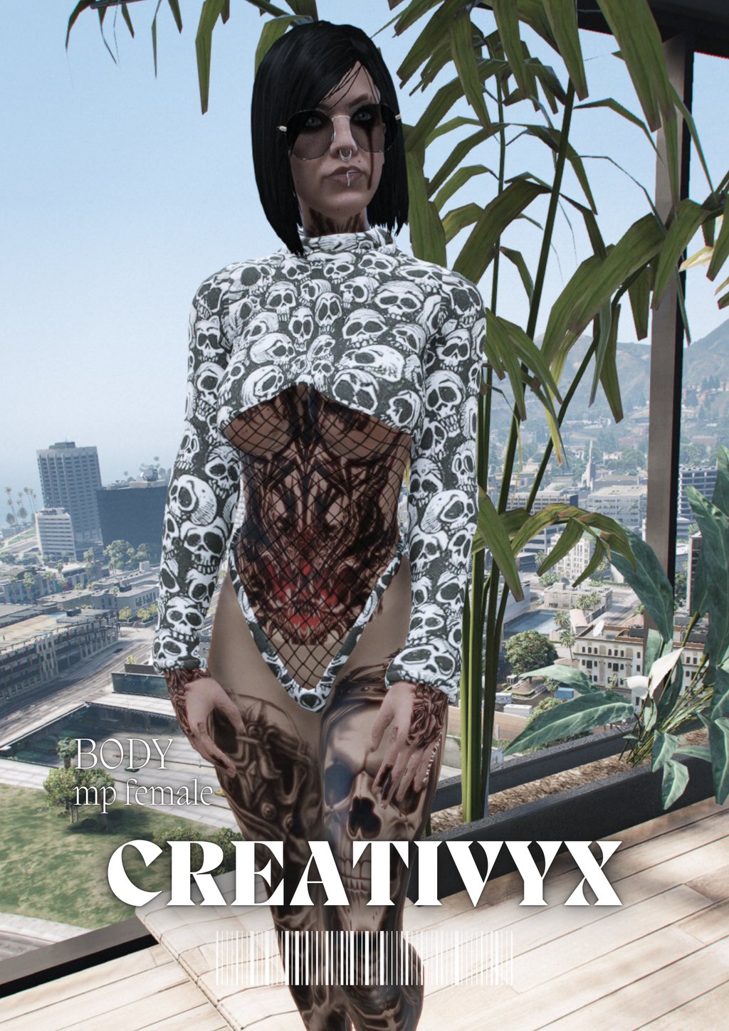 Tattooed woman posing in a skull-print mesh bodysuit