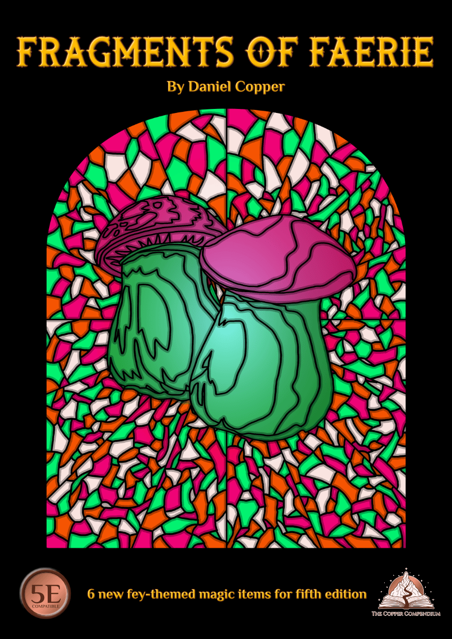 The cover of Fragments of Faerie, showing a stained glass effect with 2 mushrooms