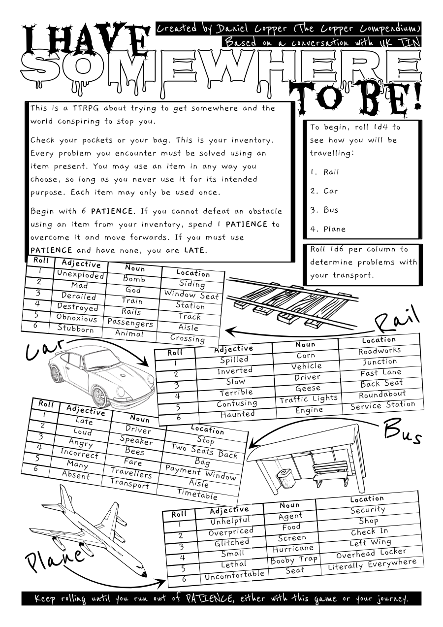 The cover of I HAVE SOMEWHERE TO BE. The page is cluttered with askew tables, boxes and illustrations.
